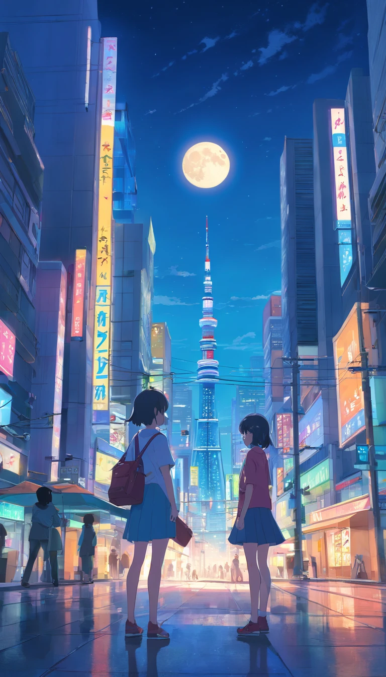 Japan Tokyo，business district，Future technology，huge full moon，the night，A black high-tech sports car，mechanised，a high-tech city，Buildings，neon，Busy