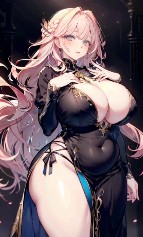 meticulous portrayal of face,1 noblewoman,a matural female,Black dress long dress,(Pink White Long Hair),(dark night background+),Prom,Regalia, s the perfect face, perfect hand, Perfect Finger, Perfect lips, perfect eyes, Perfect background,Bigchest, thicc, chubby chubby chubby, fat, chubby belly and thighs
