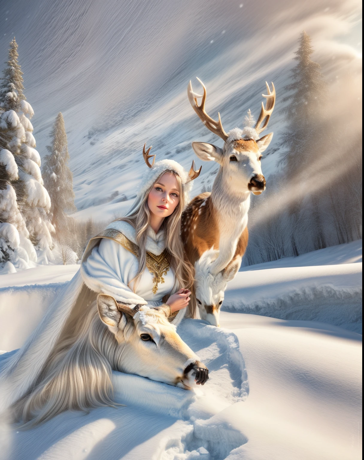 (a woman in a white dress+), (sitting with a deer in the snow, put the deer's head on its side+++), (((graceful horns on the head))), ((((((a deer skin cape falls from his hand+++++, turns smoothly into snowdrifts )))))), Fantasy photography, fantasy matte painting, ((((Volume++)))), lost in a dreamy fairy landscape, The White Witch, Young woman with horns, beautiful nordic woman, with white deer, Realistic fantasy, photograph of pale ivory skin