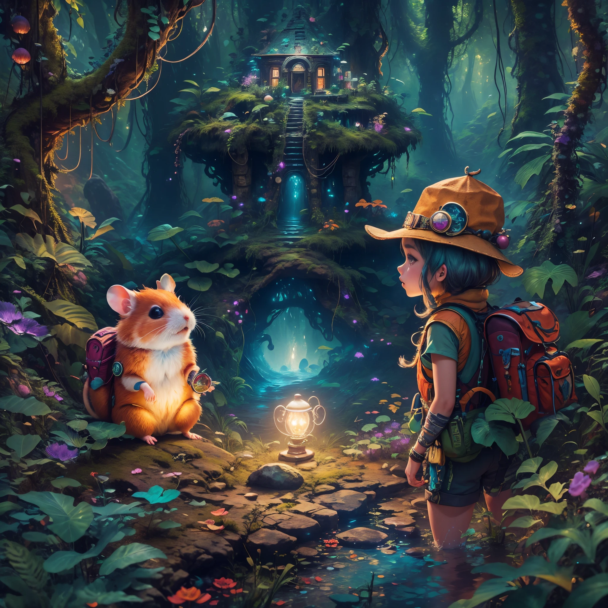 (Best quality, 8K, A high resolution, tmasterpiece:1.2), ultra - detailed, (actual, realistically, realisticlying:1.37), vibrant with colors, Magical atmosphere, Whimsical, ((1 cute hamster adventurer，Wear a set of lightweight and durable adventure gear，Camouflage color adventure vest，Wearing an adventure hat，Bring a small hiking pole, Explore a Mayan temple in a pristine jungle)), Surreal, Psychedelic, Complicated details, Beautiful texture, Ethereal, like a dream, Soft glowing light, Charming Patterns, Fantasy creatures, Hidden surprises, dreamlike landscapes, Surreal color palette, Mystic aura, ultra-realistic realism, Enchanting journey, psychedelic trip, vivid imagination, immersive experience, mysterious creature, otherworldly charm, glowing paths, light up the forest floor, surreal sky, whimsical characters, glowing light eyes, a magical encounter, adventure helmet, Fascinating artwork