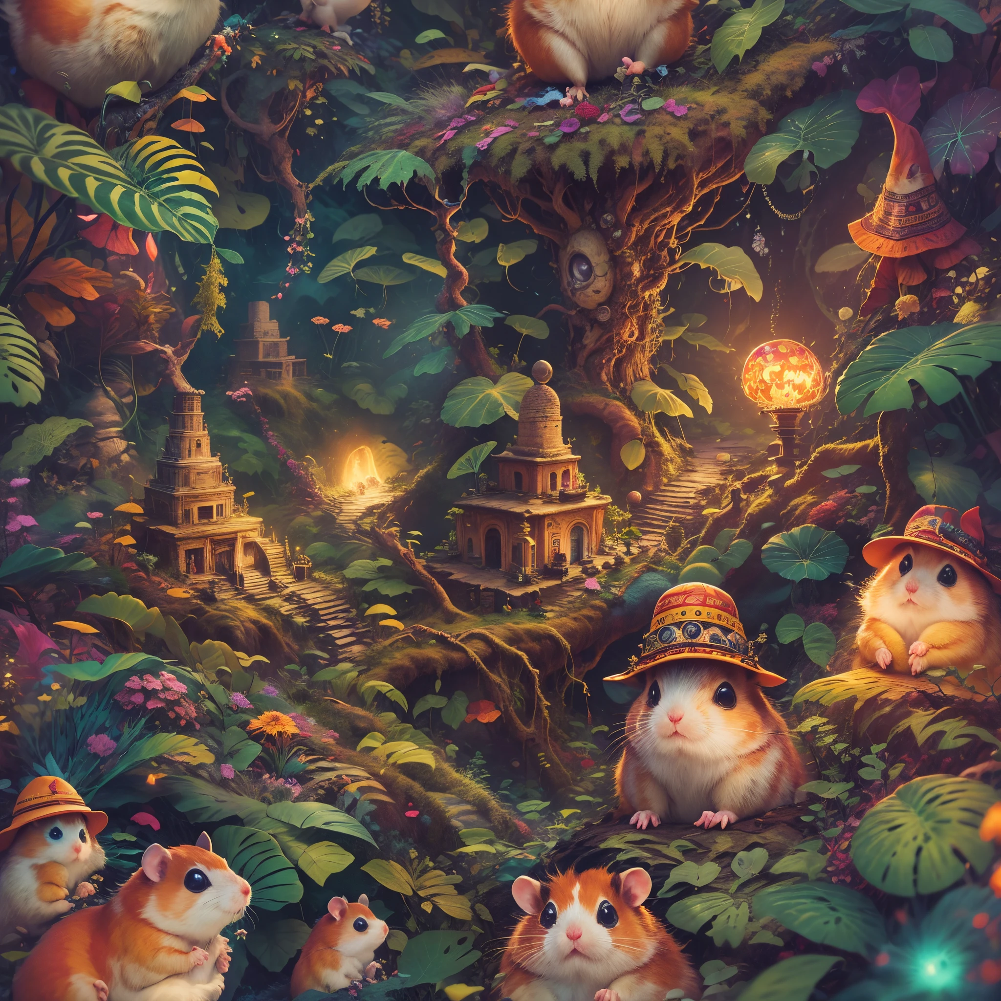 (Best quality, 8K, A high resolution, tmasterpiece:1.2), ultra - detailed, (actual, realistically, realisticlying:1.37), vibrant with colors, Magical atmosphere, Whimsical, ((1 cute hamster adventurer,Wear a set of lightweight and durable adventure gear,Camouflage color adventure vest,Wearing an adventure hat,Bring a small hiking pole, Explore a Mayan temple in a pristine jungle)), Surreal, Psychedelic, Complicated details, Beautiful texture, Ethereal, like a dream, Soft glowing light, Charming Patterns, Fantasy creatures, Hidden surprises, dreamlike landscapes, Surreal color palette, Mystic aura, ultra-realistic realism, Enchanting journey, psychedelic trip, vivid imagination, immersive experience, mysterious creature, otherworldly charm, glowing paths, light up the forest floor, surreal sky, whimsical characters, glowing light eyes, a magical encounter, adventure helmet, Fascinating artwork