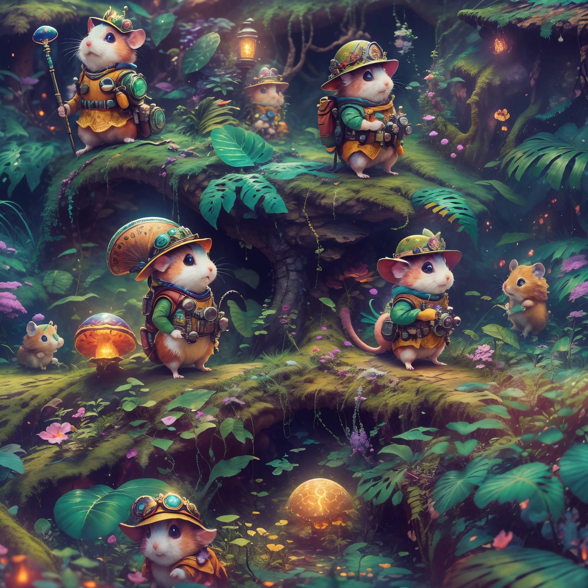 (Best quality, 8K, A high resolution, tmasterpiece:1.2), ultra - detailed, (actual, realistically, realisticlying:1.37), vibrant with colors, Magical atmosphere, Whimsical, ((1 cute hamster adventurer,Wear a set of lightweight and durable adventure gear,Camouflage color adventure vest,Wearing an adventure hat,Bring a small hiking pole, Explore a Mayan temple in a pristine jungle)), Surreal, Psychedelic, Complicated details, Beautiful texture, Ethereal, like a dream, Soft glowing light, Charming Patterns, Fantasy creatures, Hidden surprises, dreamlike landscapes, Surreal color palette, Mystic aura, ultra-realistic realism, Enchanting journey, psychedelic trip, vivid imagination, immersive experience, mysterious creature, otherworldly charm, glowing paths, light up the forest floor, surreal sky, whimsical characters, glowing light eyes, a magical encounter, adventure helmet, Fascinating artwork