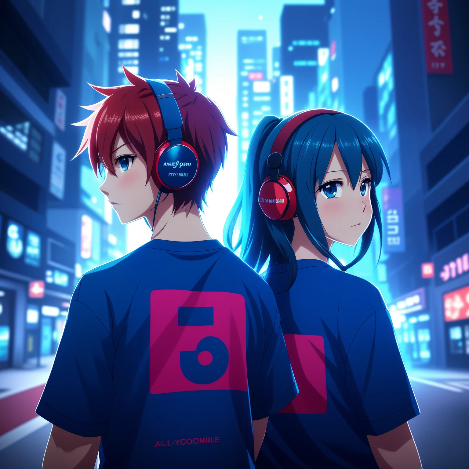 anime couple in blue t - shirt with headphones on in city, ryuu, anime style 4 k, 2 d anime style, profile picture 1024px, jazza and rossdraws, anime style. 8k, in anime style, anime style only, stylized anime, modern anime style, nightcore, red and cyan, anime style artwork