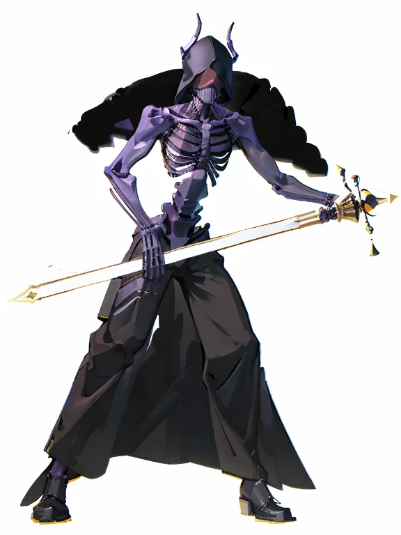Thin black man, headgear black simagh, black blindfold, skeleton face, full body, long black pants, half naked, black purple slime, holding spear, monster, cripple