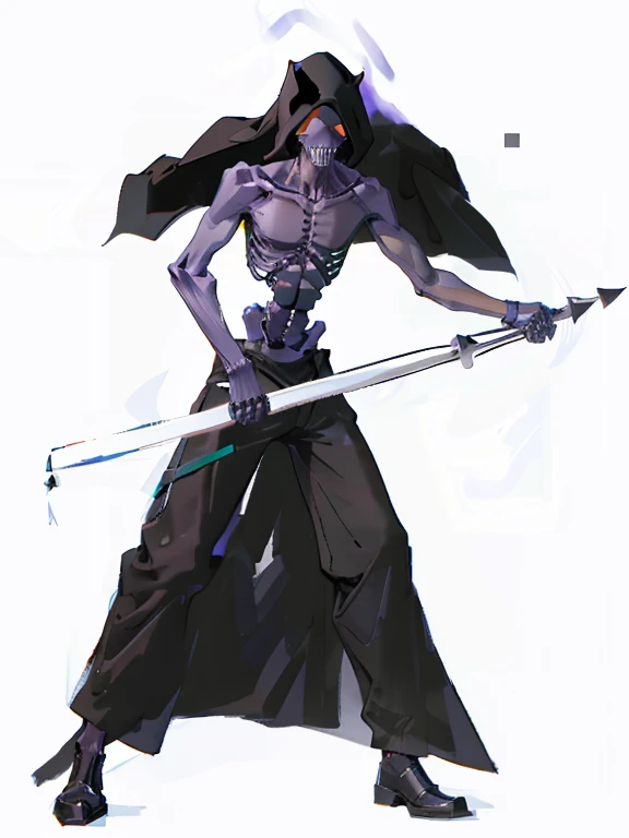 Thin black man, headgear black simagh, black blindfold, skeleton face, full body, long black pants, half naked, black purple slime, holding spear, monster, cripple
