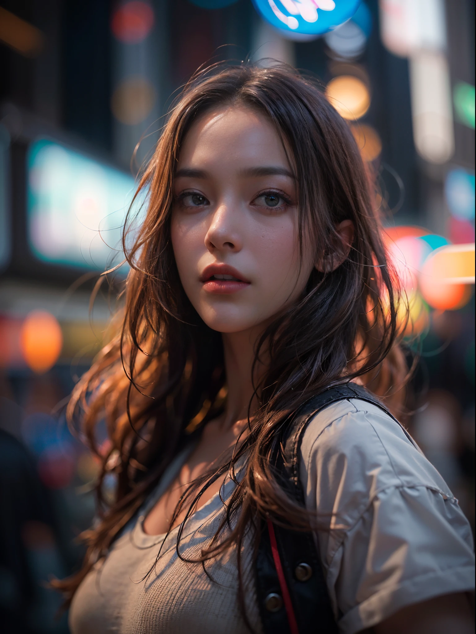 bloom, (lens flare), (8k, RAW, professional, best quality, masterpiece:1.2), (realistic,photorealistic:1.37), ultra-detailed, (24mm portrait wide angle), (anamorphic lens), ((long exposure)), (highest detailed skin:1.2), (highest detailed face:1.2), cinematic lighting, 1girl, (windy), standing on time square, night time, warm white light, look at the camera
