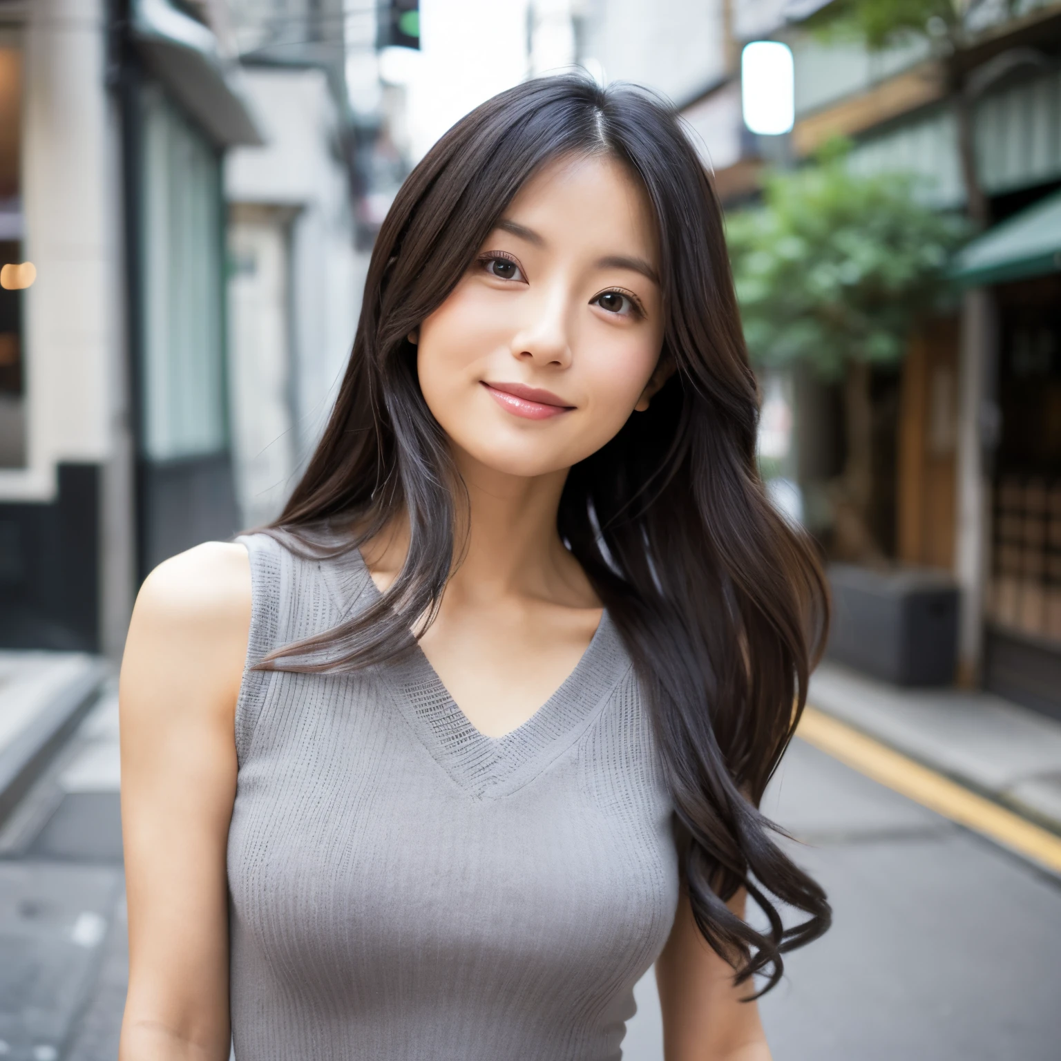 Japanese lady, 35 years old, posing to viewer, solo:1, random place, random background, random pose, long hair, upper body, tight gray knit dress with V-neck design