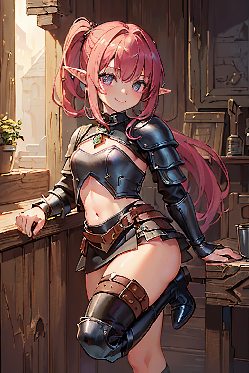 (((Masterpiece、top-quality、high-detail、High and fine)))、1人、halfling girl、(((Short girl)))、garnet hair、elf-ears、tiny chest、thief、Leather armor、Leather miniskirt、poneyTail、(((Dungeon Exploration)))、(((Dark Dungeon)))、Eyes full of bright expectations、Leather Boots、smile