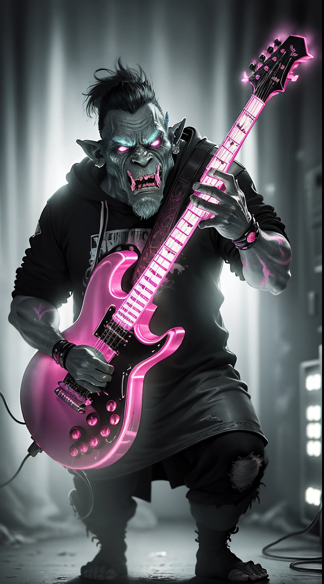 An orc playing an pink e-guitar, light spot, band, rockstar, music, extremely detailed, realistic hand and feet, colored lights, uhd, 8k