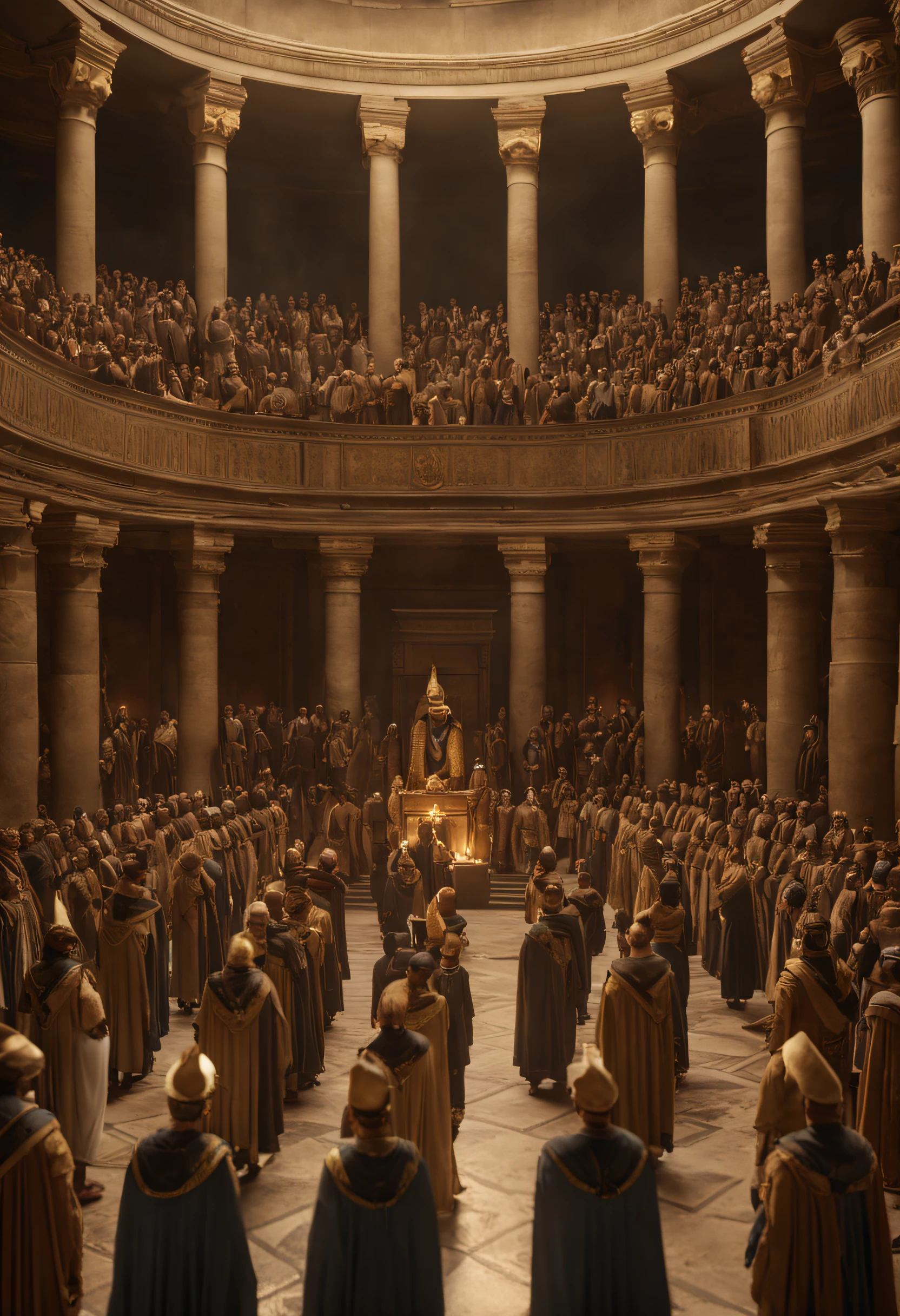 A cinematic scene depicting the 96 sons of Ramesses the Great gathered in a grand royal hall, each son wearing distinctive attire, capturing the diversity and regal atmosphere of the assembly, Realistic 4K cinematic rendering, using dynamic lighting to enhance the richness of the setting