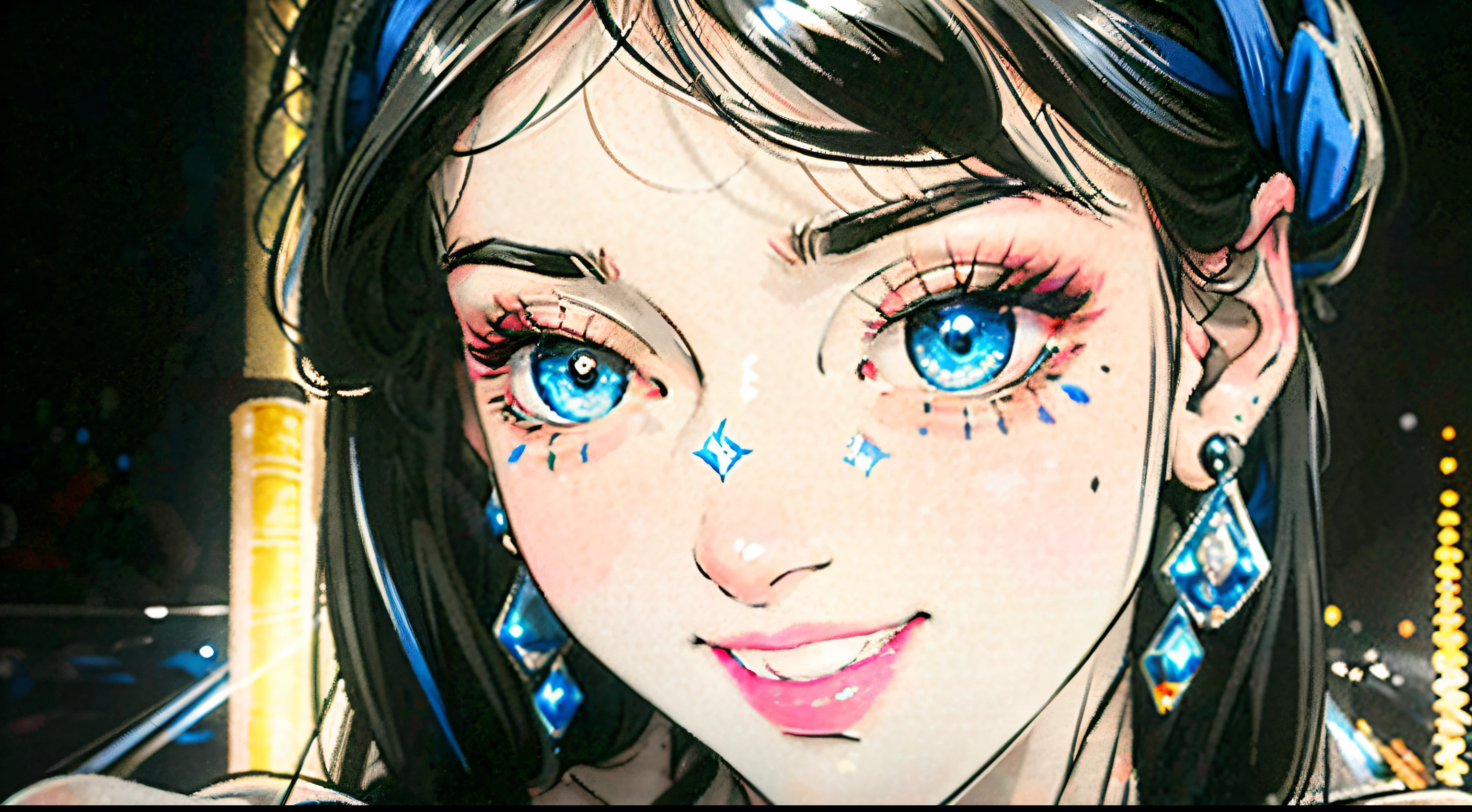 brunette color hair, blue hair ribbon, Moles under the eyes, Heterochromia, crystal earrings, grinning smile, ultra-realistic realism, Pointillism, glowing light, Optical illusion, Outer border, expected insert, opinion, tmasterpiece, ctextured skin
