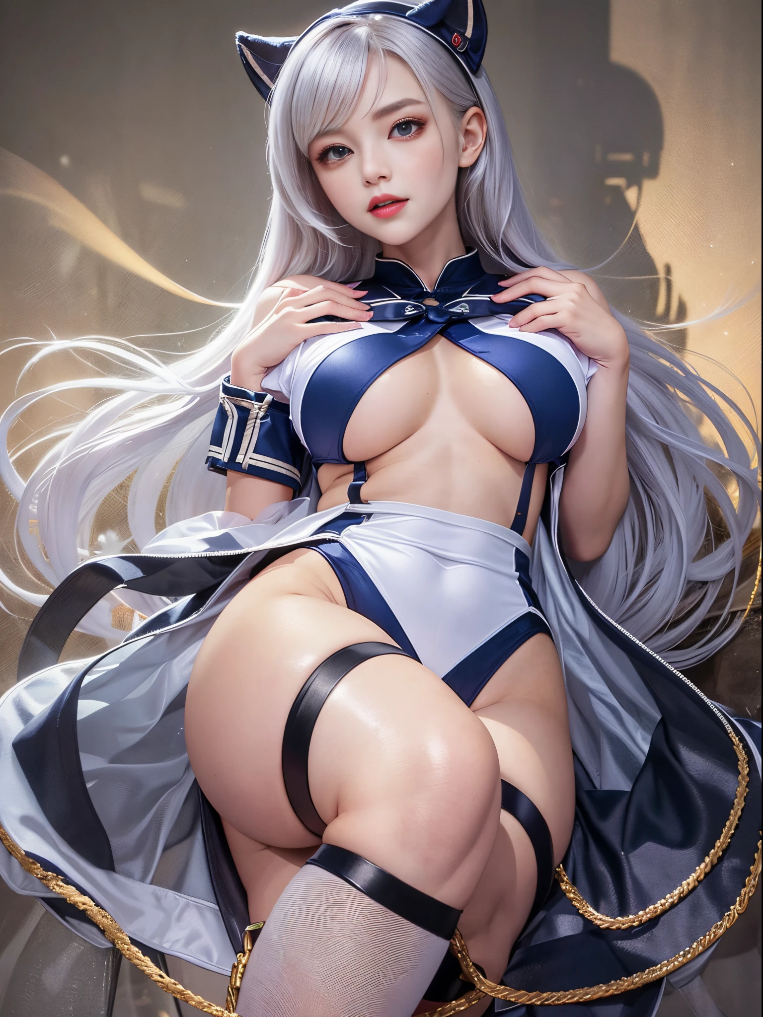 1个Giant Breast Girl, Yingshi. Luigi (azur lane), Permanent, The upper part of the body, a skirt, silvercleavage dress, (Clothing that exposes:1.3), scenecy,, anirl, Best quality at best, 超高分辨率,