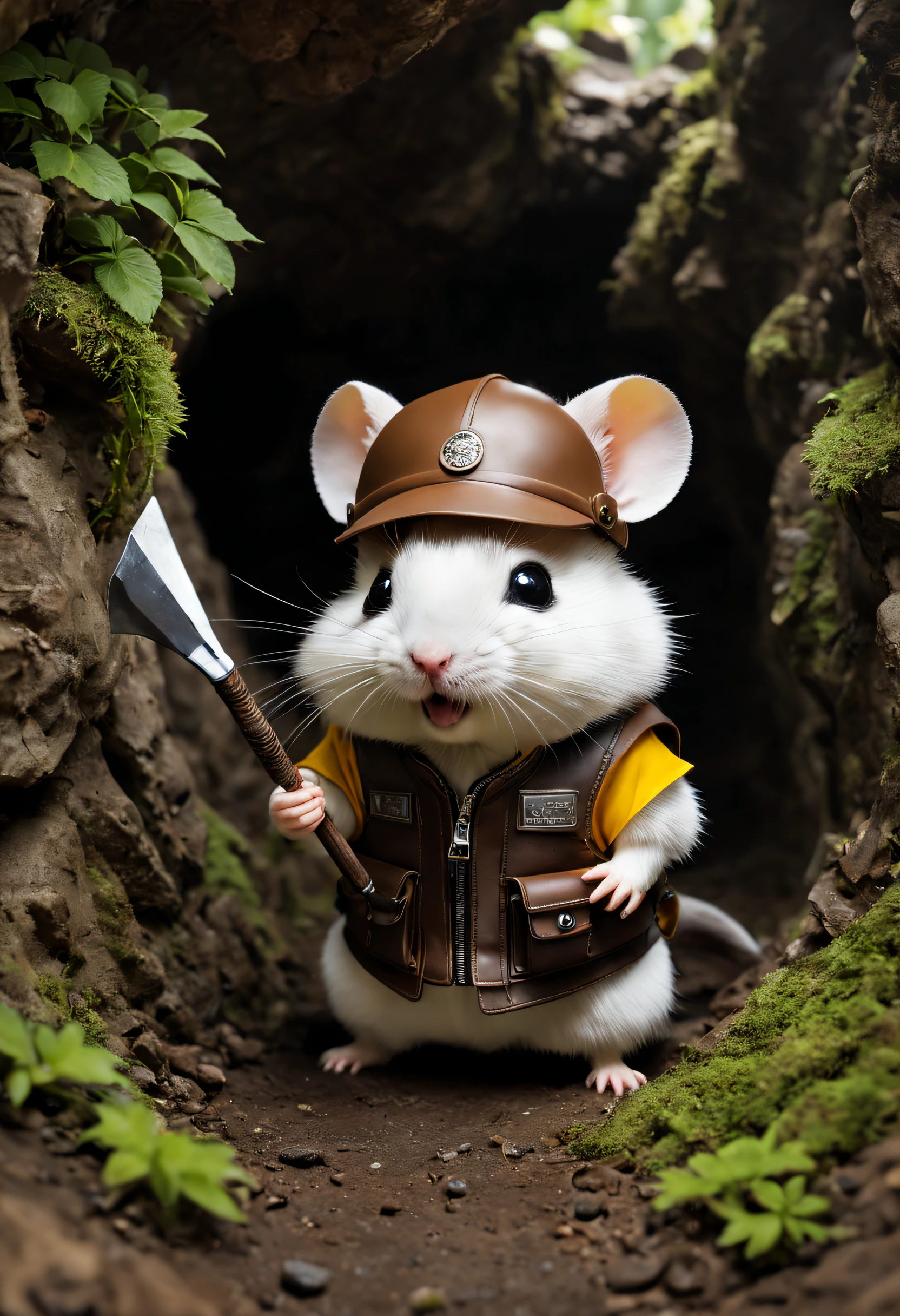 a high cave，surrounded by moss and branches。In a corner of the cave，you can see a little hamster，Wearing a dark brown leather vest，Wearing an old adventure hat，Holding an old shovel in hand。 hamster&#39;s&#39; expression is full of adventurous spirit，He seems to be looking for some kind of precious treasure。You can see the excitement and curiosity on his face，Eyes sparkling with wisdom and courage。his ears perked up，As if listening to the sounds around me，Be ready for any challenge。 His leather vest has many pockets，There are various tools and food inside，in case of。His shovel looks like&#39;has been used many times，but still sharp。Hamster’s hair is short and neat，Sparkling，Looks healthy。 Behind him，you can see a narrow passage，Leading to deeper caves。tas&#39;Full of mystery and unknowns，Hamster seems ready for the challenge，Explore this wonderful world。 The whole picture is full of adventure，Give people courage and the urge to explore。It makes you imagine that you too can be a brave explorer，Go explore this mysterious cave。 (电影灯光, first person perspective, angle of view, in a panoramic view, ultra-wide-angle, hyper HD, Anatomically correct, tmasterpiece, Acura, Award-Awarded, Best quality), critters