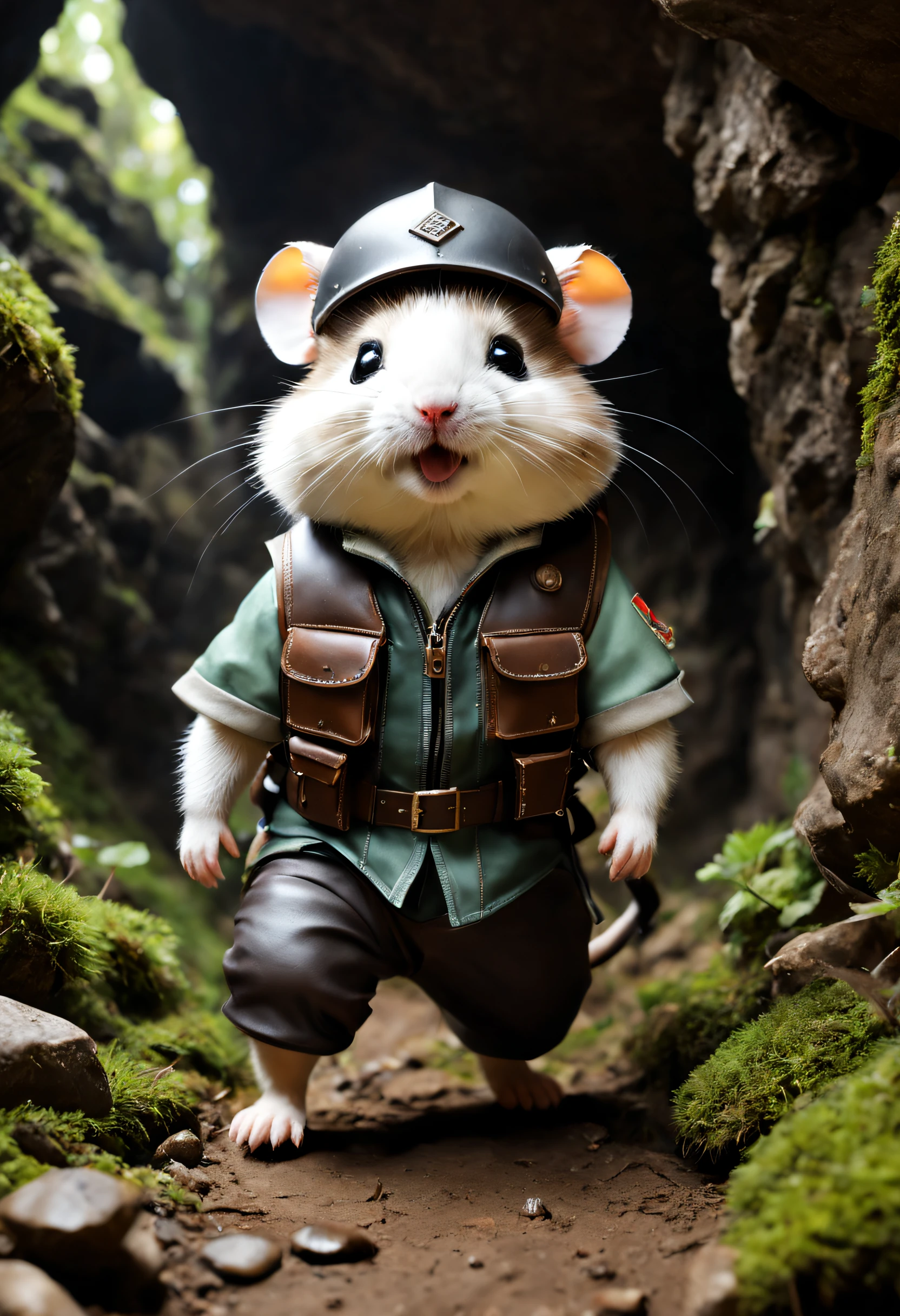 a high cave,surrounded by moss and branches。In a corner of the cave,you can see a little hamster,Wearing a dark brown leather vest,Wearing an old adventure hat,Holding an old shovel in hand。 hamster's' expression is full of adventurous spirit,He seems to be looking for some kind of precious treasure。You can see the excitement and curiosity on his face,Eyes sparkling with wisdom and courage。his ears perked up,As if listening to the sounds around me,Be ready for any challenge。 His leather vest has many pockets,There are various tools and food inside,in case of。His shovel looks like'has been used many times,but still sharp。Hamster’s hair is short and neat,Sparkling,Looks healthy。 Behind him,you can see a narrow passage,Leading to deeper caves。tas'Full of mystery and unknowns,Hamster seems ready for the challenge,Explore this wonderful world。 The whole picture is full of adventure,Give people courage and the urge to explore。It makes you imagine that you too can be a brave explorer,Go explore this mysterious cave。 (电影灯光, first person perspective, angle of view, in a panoramic view, ultra-wide-angle, hyper HD, Anatomically correct, tmasterpiece, Acura, Award-Awarded, Best quality), critters