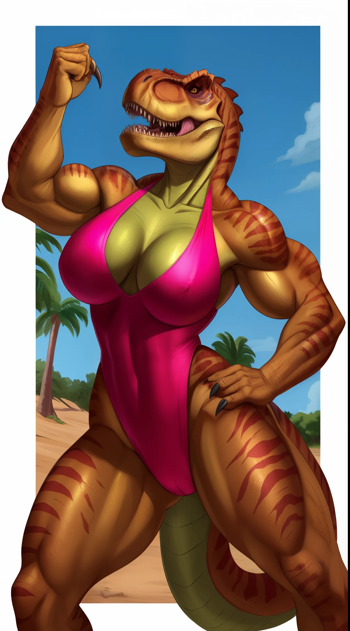 anthropomorphic, woman, dinosaur, highleg leotard, sexy, scaly, furry, claws, sharp teeth, thicc, muscular, scales, busty, hair, Tyrannosaurus, fierce,Trex_Dinosaur, therapod,