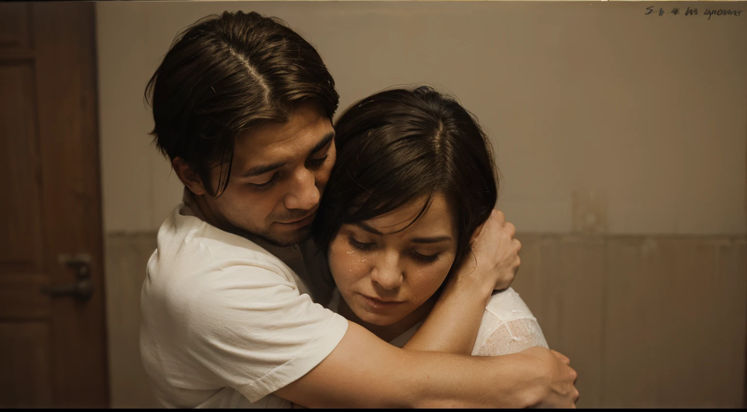 Man in the knees, hugging woman who has a short hair cut, they crying, oil paint style, 60s years