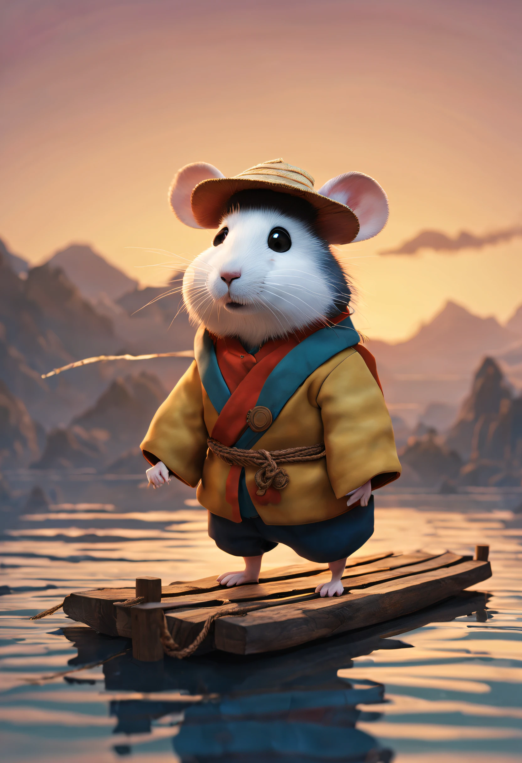 Hagi Yuan Yuan style,scenography, Very unified CG design, (Hamster adventurer stands on a broken raft made of wood and rope), wearing a very jacket,Background with:Fenghai, pixar-style,Felicia Simien and Studio Ghibli-style minimalist photography,Produced by Pixar,Maximalism,fine art,电影灯光,negative space,Dark art,ultra-realistic realism,ukiyoe painting,