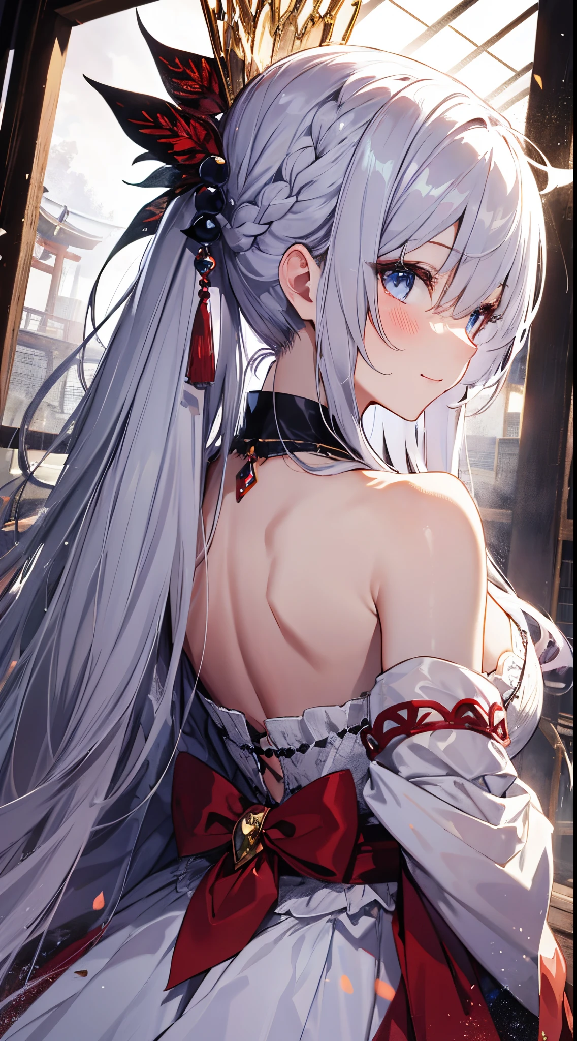 （（tmasterpiece：1.4, Best quality））+, （hyper-detailing）+, （A detailed eye：1.5）+, （White Dragon Horn：1.5）, （cute girls）, （skyblue eyes：1.5）, Extra-long hair, Braided edges on both sides, （wariza：1.2）, pale-skinned, （red and white witch costume：1.5）, （Red ribbons, White stockings：1.4）, dense fog, metal chains, clubs, shrines, torii, （Japan Priestess：1.1）, （dawn light：1.2）, ）, （Close-up cleavage：1.1）, (elevation perspective:1.3), fingersmile, light blush, forehead jewel, colored inner hair, streaked hair, silver hair, from behind, god rays
