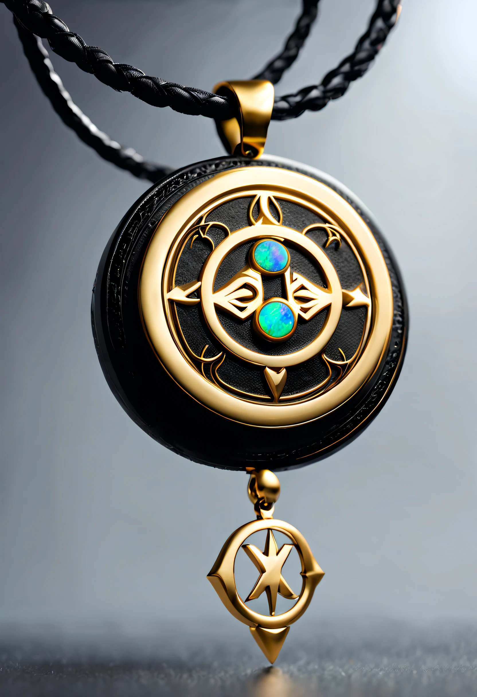 Tristan Eaton style,Item design, Brand design, Logo design, (Sagittarius black and gold round abstract pendant), (Engraved golden Sagittarius pattern), (double opal: 1.3), (Sagittarius zodiac symbol: 1.2), (The pendant is engraved with the letters cindy xu on the side), (Black leather rope), (black and gold border: 1.1), Frosted process, Geometric patterns, Black stone, Beautifully complex structure, Boho Style, Van Clippard, cartier, Background with: The white, jewelry photography, hyper HD, high high quality,
