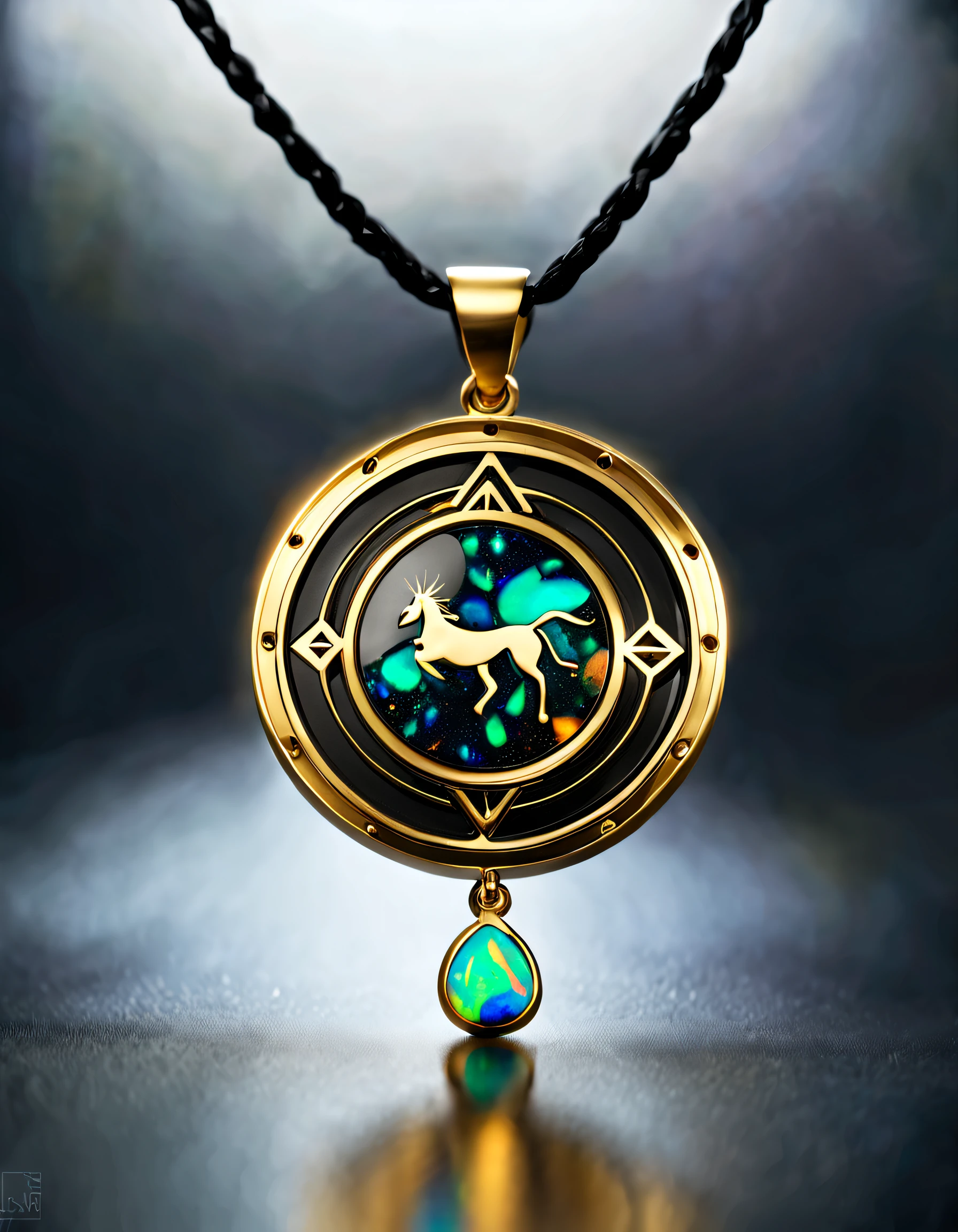 Alberto Seviso style, Item design, Brand design, Logo design,
(Sagittarius black and gold round abstract pendant), (Engraved golden Sagittarius pattern), (double opal: 1.3), (Sagittarius zodiac symbol: 1.2), (The pendant is engraved with the letters cindy xu on the side), (Black leather rope), (black and gold border: 1.1), Frosted process, Geometric patterns, Black stone, Beautifully complex structure, Boho Style, Van Clippard, cartier,
Background with: The white, jewelry photography, hyper HD, high high quality,