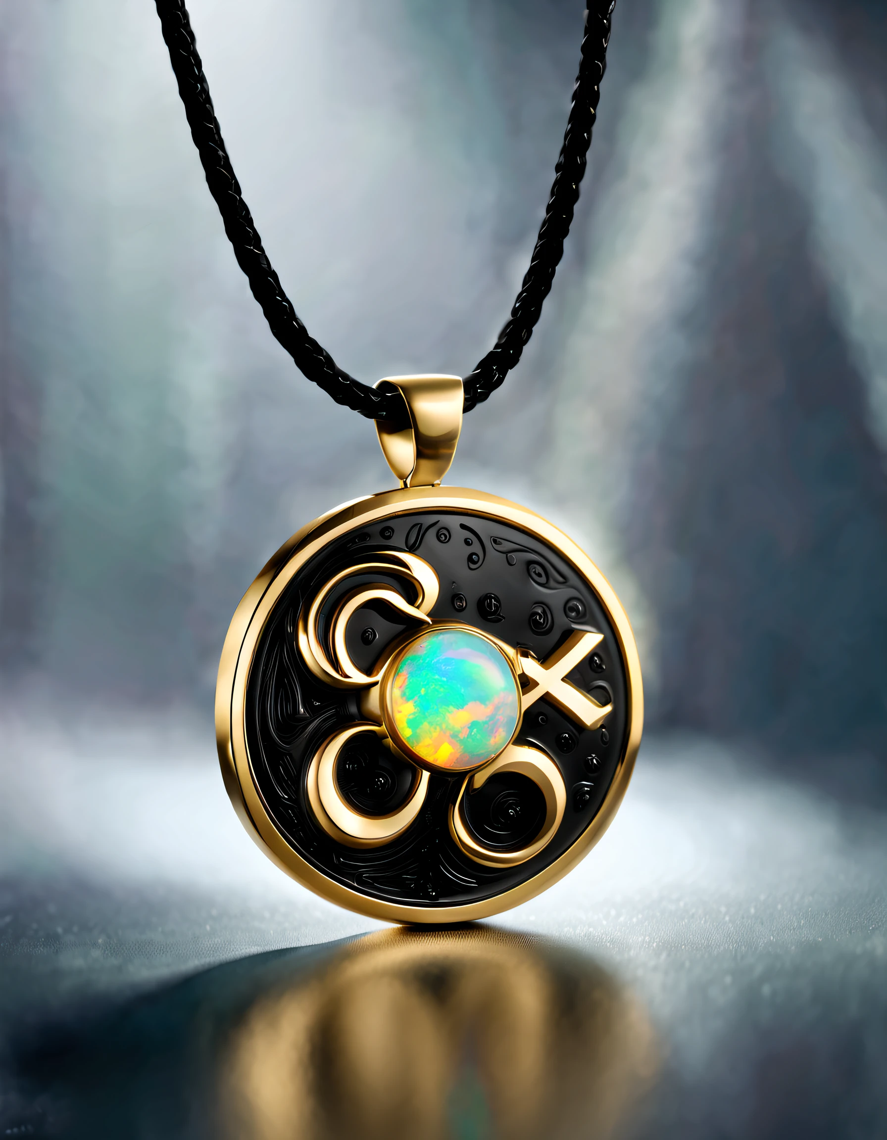 Alberto Seviso style, Item design, Brand design, Logo design,
(Sagittarius black and gold round abstract pendant), (Engraved golden Sagittarius pattern), (double opal: 1.3), (Sagittarius zodiac symbol: 1.2), (The pendant is engraved with the letters cindy xu on the side), (Black leather rope), (black and gold border: 1.1), Frosted process, Geometric patterns, Black stone, Beautifully complex structure, Boho Style, Van Clippard, cartier,
Background with: The white, jewelry photography, hyper HD, high high quality,