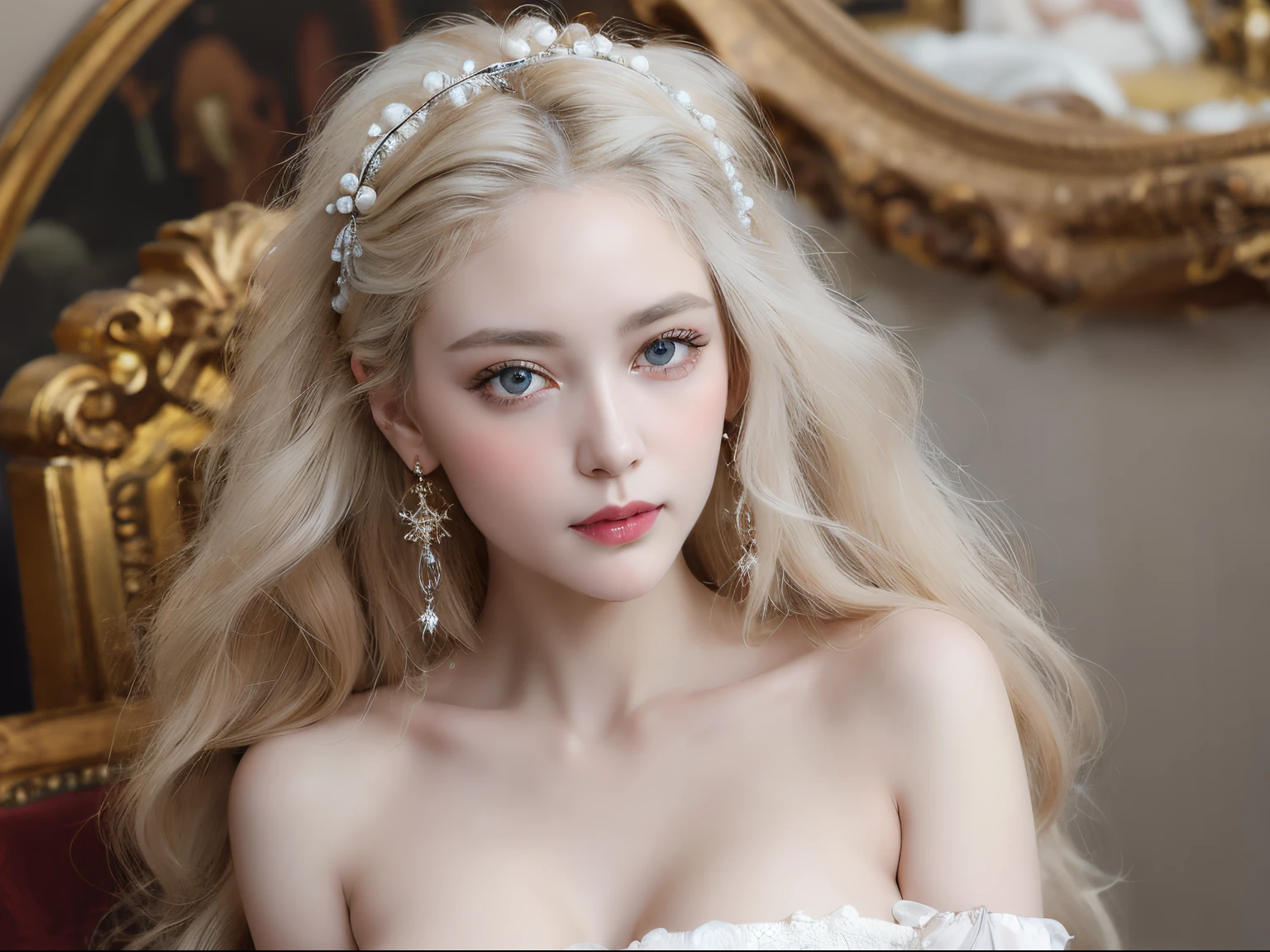 1个Giant Breast Girl，Gothic style，exquisite facial features，long and flowing hair，exquisite detailing，old movie，Classic movies，elegant aristocratic girl，((tmasterpiece)),high high quality,ultra - detailed,combed blonde hair+white apparel:1.2,sweet and delicate girl,exquisite facial features,perfect body figure，There are bubbles around,The colors are bright and bright,pearl white background,Romantic long hair,Natural soft light,warm and sweet,blue color eyes,Gorgeous hair decoration。Delicate skin texture，Live photos，True humans，Relaxed state，Solid color skirt，（（tmasterpiece）），high high quality，ultra - detailed，，bjd，Lolita prostitute ，exquisite facial features，face adorned with pearls，There are bubbles around，The colors are bright and bright，Romantic long hair，Natural soft light，warm and sweet，with brown eye，Gorgeous hair decoration，（（Best quality， 8K， On a table： 1.3， RAW photogr））， Focus sharp： 1.2， （1 aespa girl ：1.1）， Alone， （Face focus： 1.1）， Cute face， The face is very detailed，
