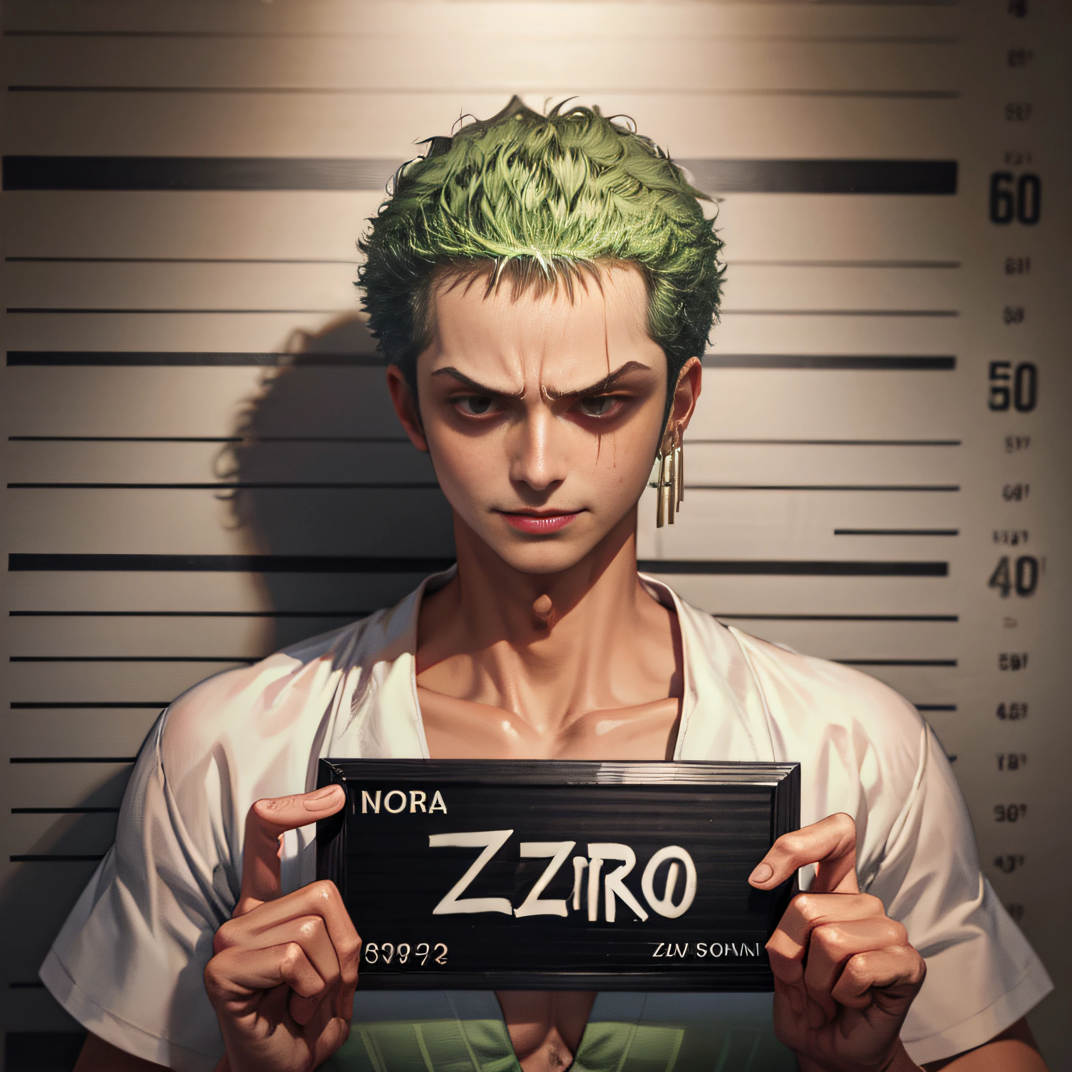 corpse, sinister, male, looking at the camera, ultra realistic, fully detailed, cemetery environment, bright eyes, white dress torn and stained with blood, bones exposed, putrid wounds, sensual, terrifying, bruised by the body, exposed fracture in the collarbone, slight smile, super detailed, white eyes,gun shots in the body, Zoro, Roronoa Zoro,