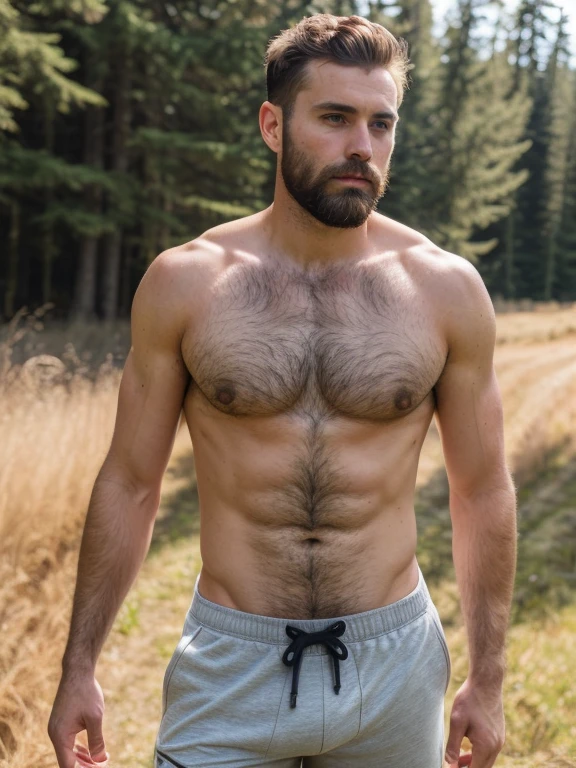 (handsome male in canadian countryside), hairy chest, short beard, soft natural light, sun, shadows, ultra-realistic, 8k, wearing gym shorts, bulge, close-up