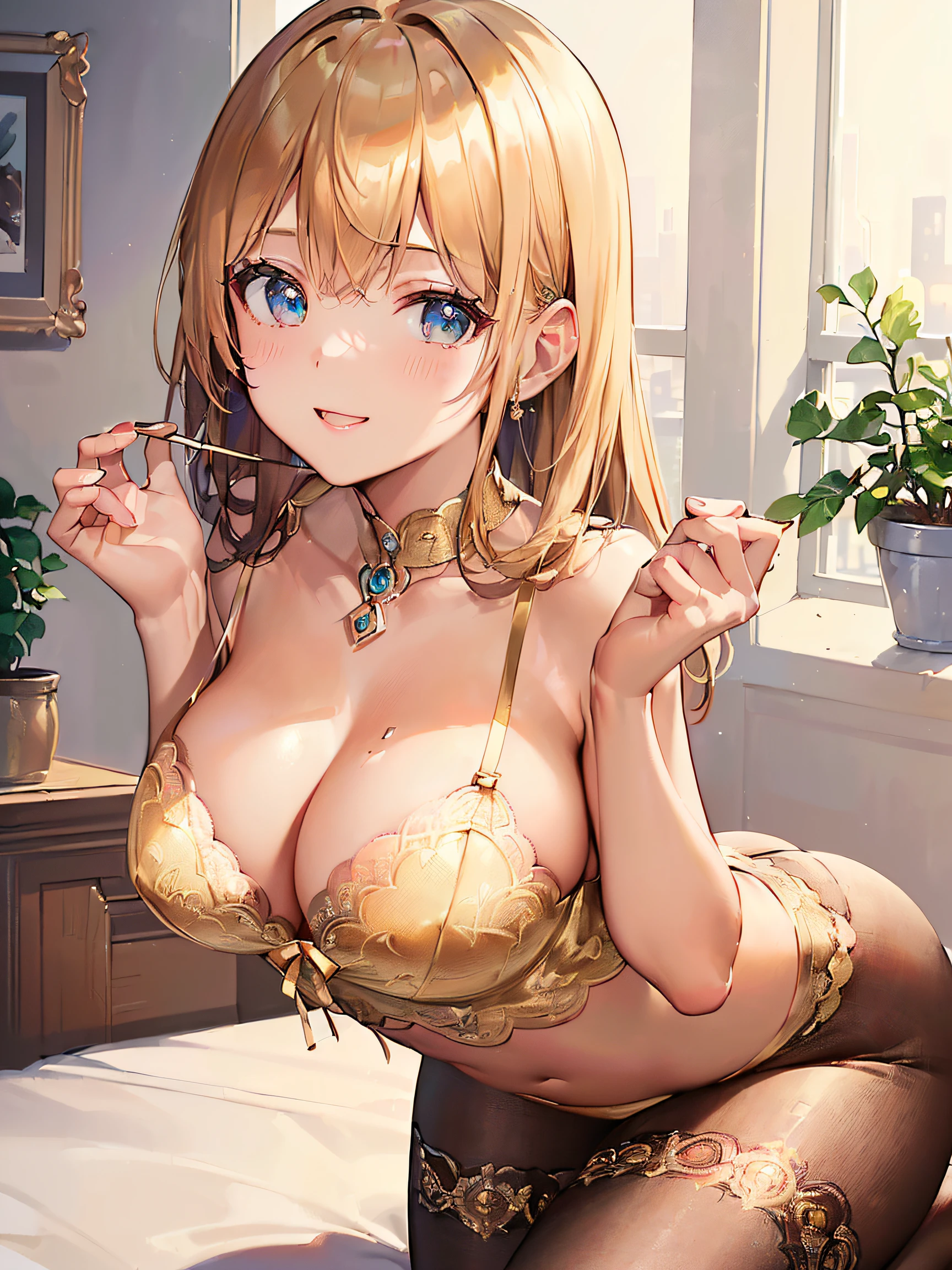 (​master piece:1.8),(Best Quality:1.8),(ultra-detailliert:1.8),(8K:1.8),(superfine illustration:1.5),(A woman who draws beautiful pictures),Cute Girl,Smile:1.6:(Metallic Gold,an lingerie:1.4),(Metallic Gold、See-through body stockings:1.2),(sexy  pose:1.5),Sit up,(Bedrooms:1.6),Dynamic Angle,Random position,blue tone、