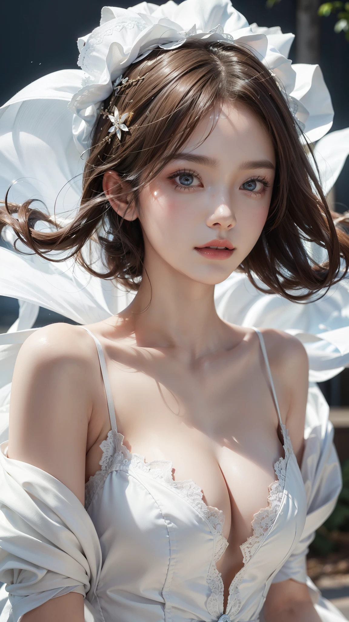 4k ultra hd, masterpiece, a girl, good face, detailed eyes, very lng hair, detailed lips, very detailed dress, white dress, closed up, slim breasts, dim lighting, blowing wind,