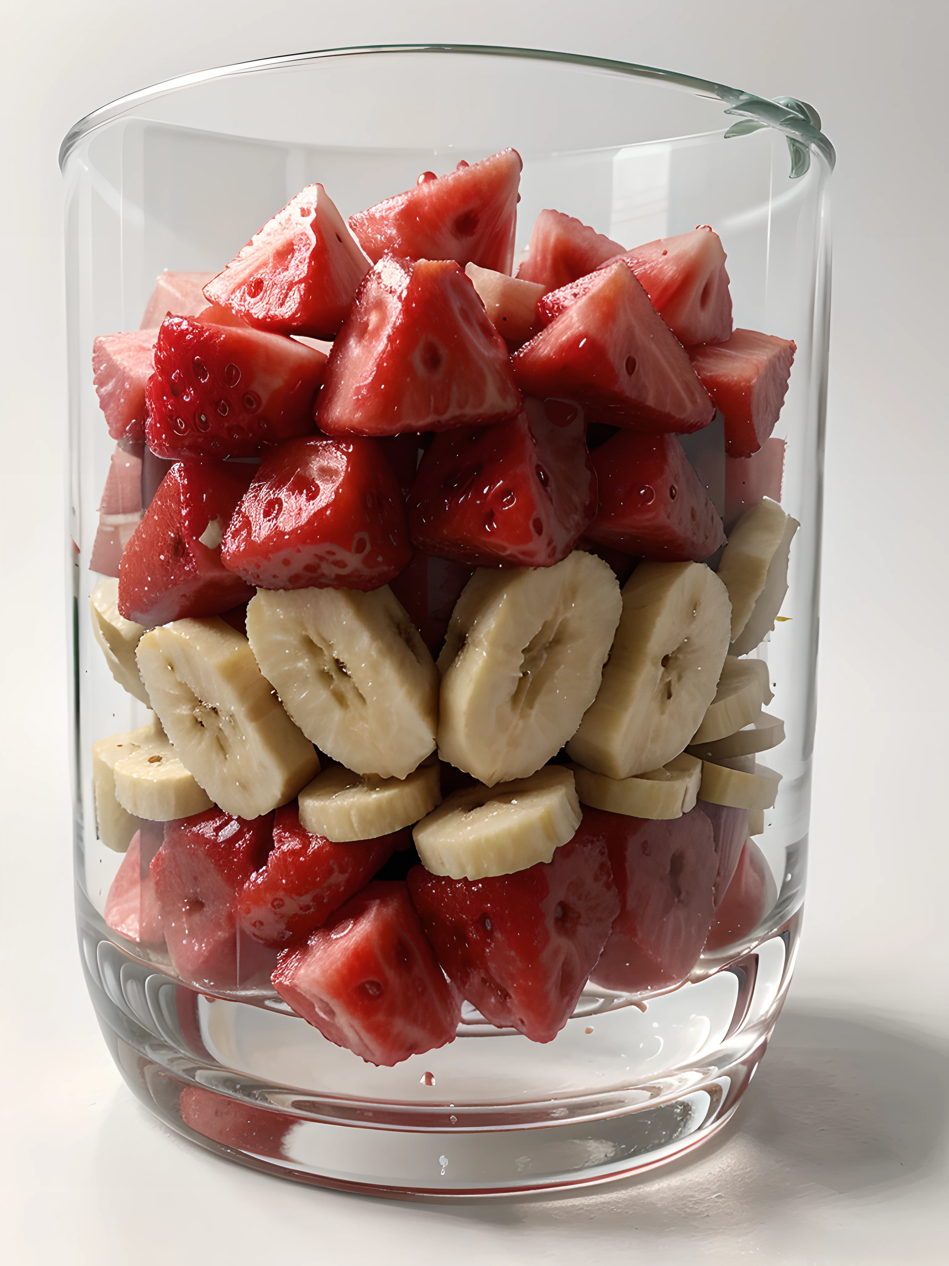 (Best quality at best,8K,tmasterpiece:1.3), without humans, Clear glass, There are many watermelon slices, There are banana slices and strawberries inside, blend, de tarhepodroso, intense detail, on the white background, Clear detail, professional,(hyper realisitc:1.3)