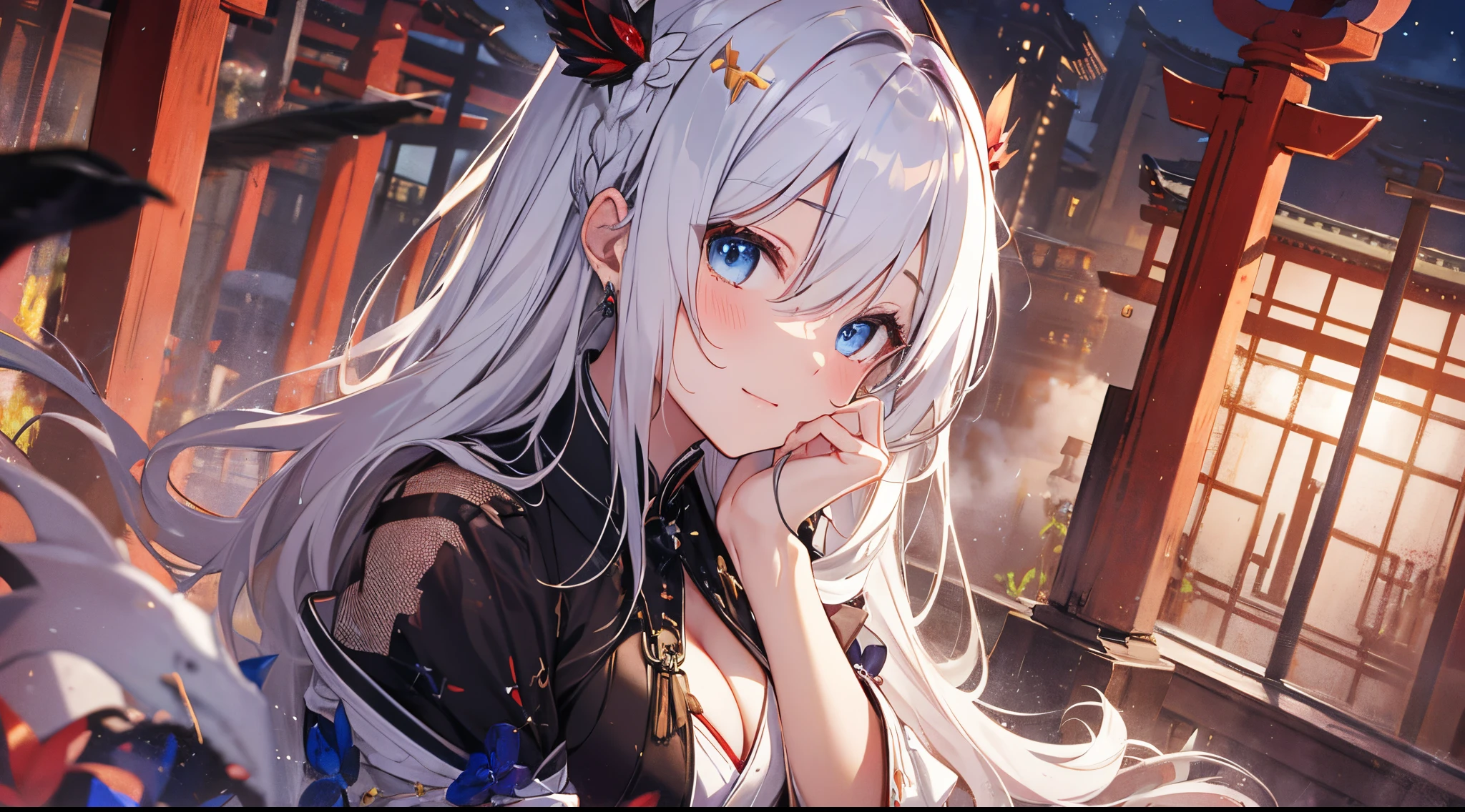 （（tmasterpiece：1.4, Best quality at best））+, （hyper-detailing）+, （A detailed eye：1.5）+, （White Dragon Horn：1.5）, （cute girls）, （skyblue eyes：1.5）, Extra-long hair, Braided edges on both sides, （wariza：1.2）, pale-skinned, （red and white witch costume：1.5）, （Red ribbons, White stockings：1.4）, dense fog, metal chains, club, shrines, torii, （Japan Priestess：1.1）, （dawn light：1.2）, ）, （Close-up cleavage：1.1）, (elevation perspective:1.3), fingersmile, light blush, forehead jewel, Colored inner hair, Striped hair, silber hair, from back, god light
