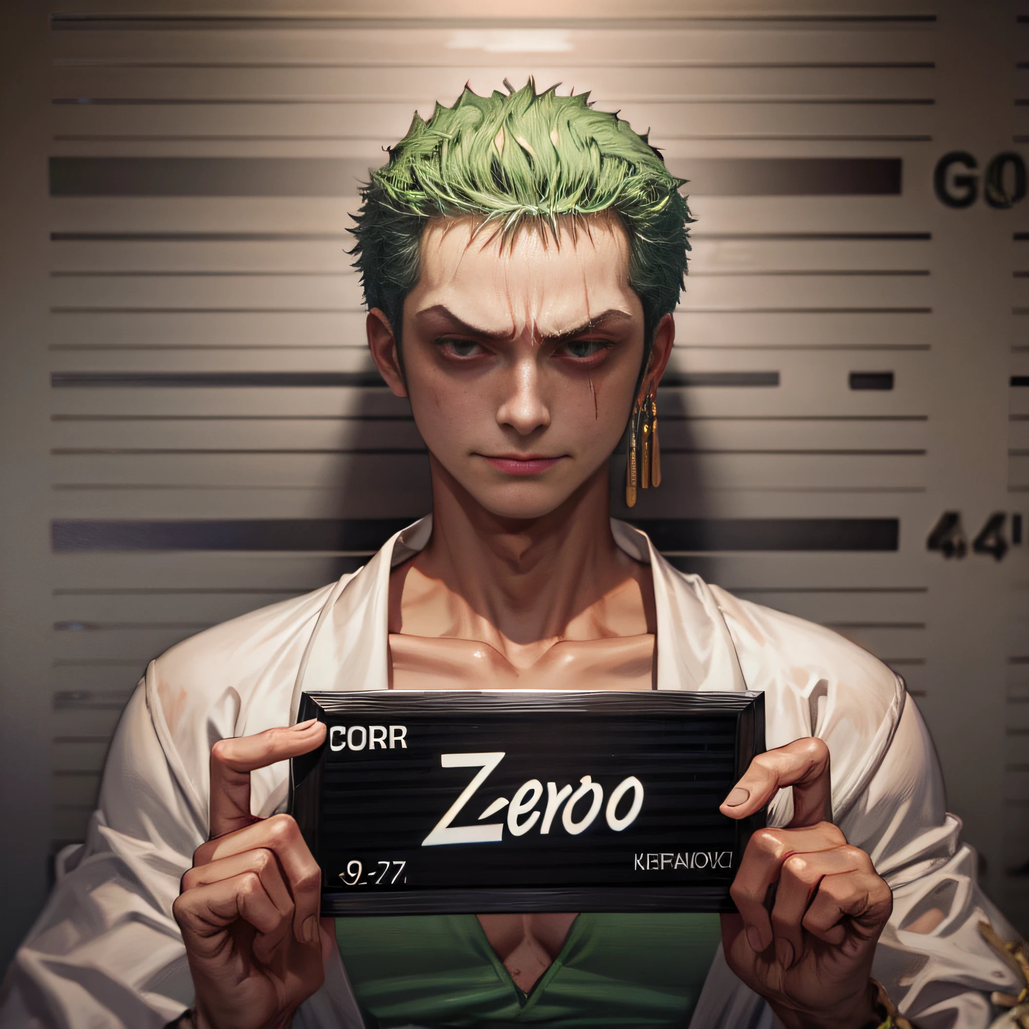 corpse, sinister, male, looking at the camera, ultra realistic, fully detailed, cemetery environment, bright eyes, white dress torn and stained with blood, bones exposed, putrid wounds, sensual, terrifying, bruised by the body, exposed fracture in the collarbone, slight smile, super detailed, white eyes,gun shots in the body, Zoro, Roronoa Zoro,