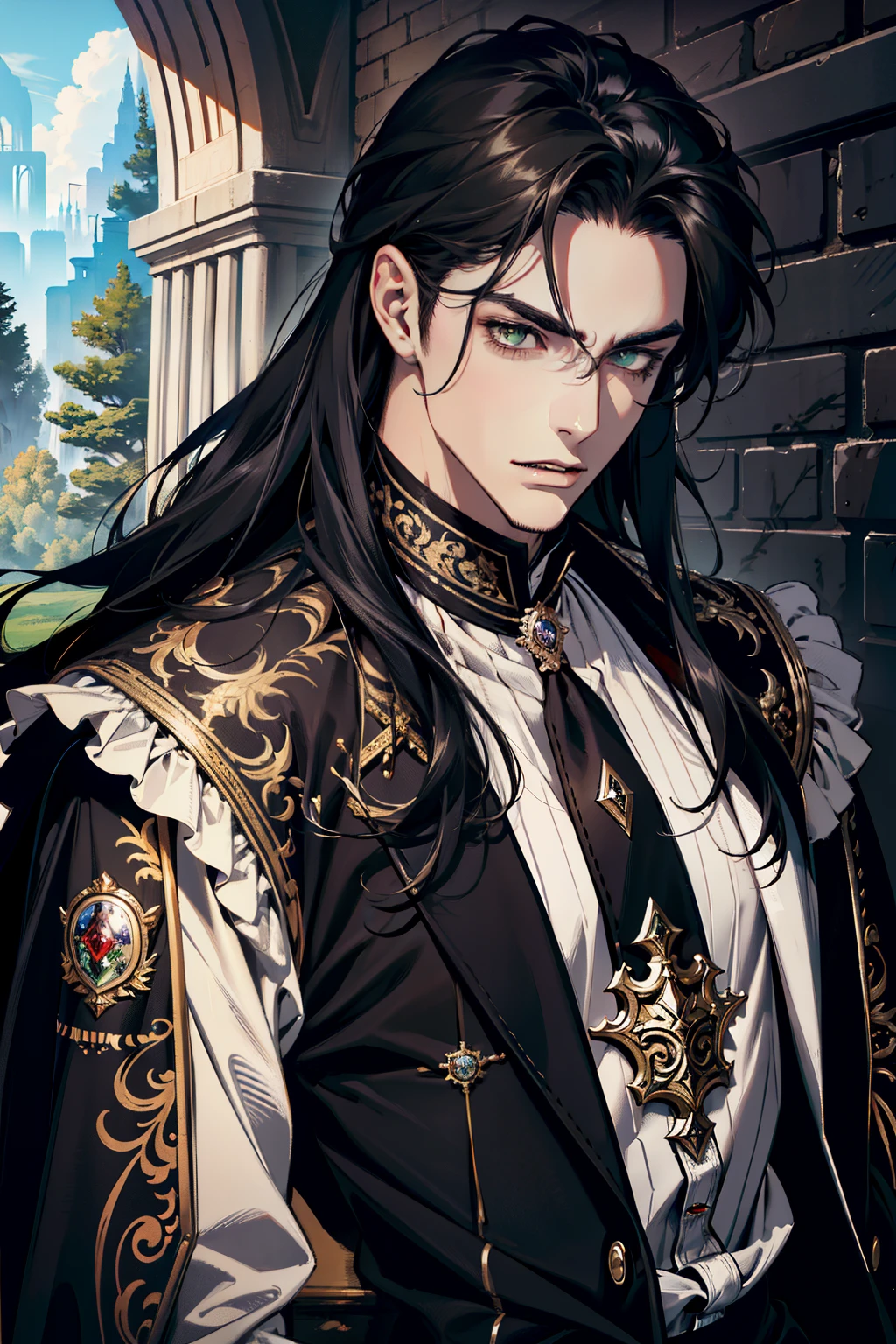 (absurdres, highres, ultra detailed), 1 male, adult, handsome, tall muscular guy, broad shoulders, finely detailed eyes and detailed face, black very long hair, green eyes, handsome, fantasy, prince, princely, gothic, Sunlight, Fantastic light and shadow, Scenery, portrait, vampire fangs, open mouth, sexy, attractive, full body, cute face