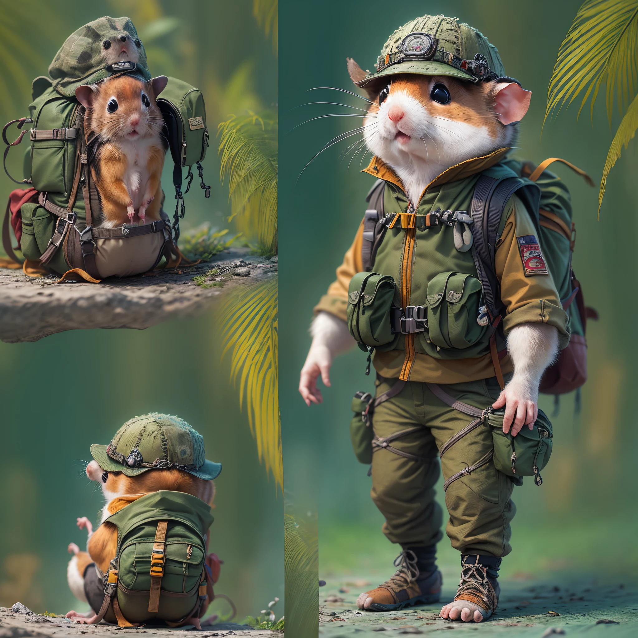 (Best quality at best, 8K, A high resolution, tmasterpiece:1.2), ultra - detailed, (actual, realistically, realistically:1.37), vibrant with colors, magical ambiance, Whimsical, ((1 cute hamster adventurer，Wear lightweight, durable adventure gear，Camouflage Colorful Adventure Vest，Wearing an adventure hat，Bring a small hiking pole, Explore a Mayan temple in the pristine jungle))