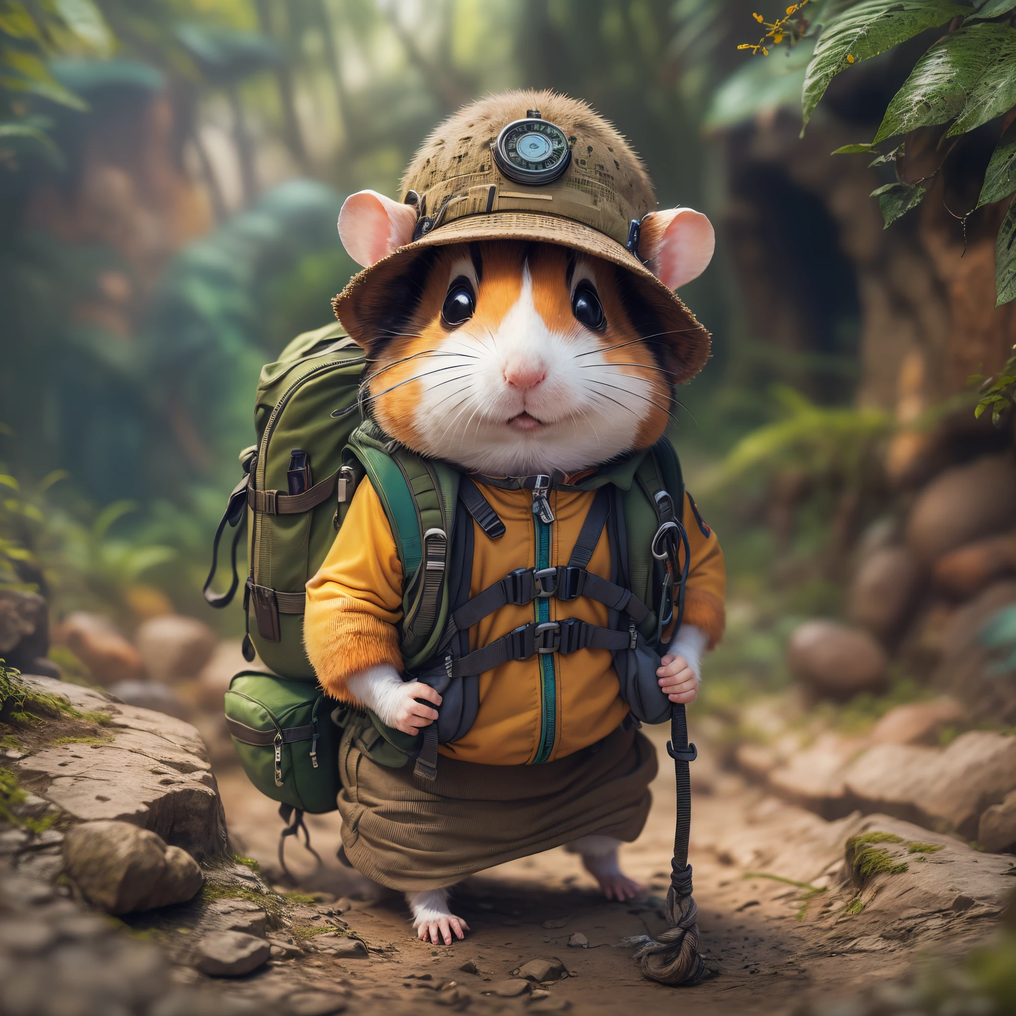 (1 cute hamster adventurer,Wear a set of lightweight yet durable adventure gear,A camo-colored adventure vest,Wearing an adventure hat,The hat has a string tied to the chin,Hamster adventurer carries a small backpack,A rope tied to the backpack。Holding a small compass in hand,Bring a small hiking pole),(((Hamster adventurer in a primitive jungle,Explore the Mayan Temples,In mountaineering))),(in a panoramic view, hyper HD, Anatomically correct, tmasterpiece, acurate, Award-Awarded, Best quality at best)
