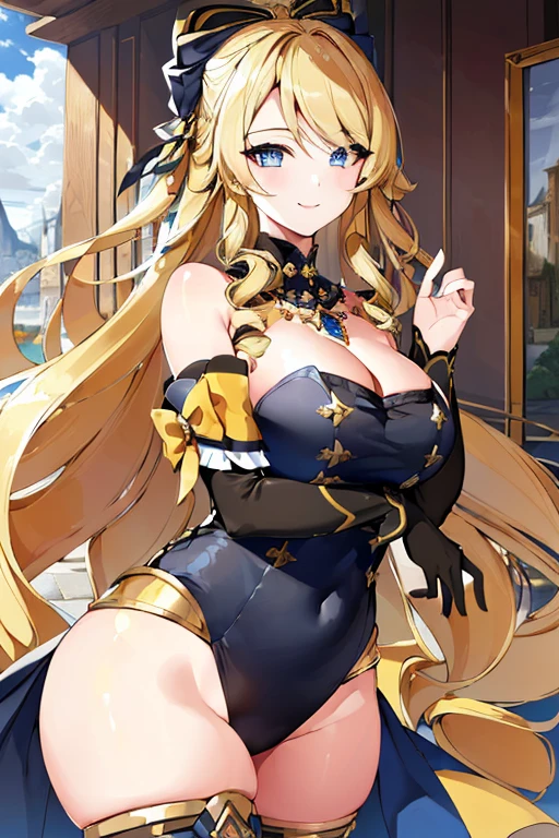 ((masterpiece)), ((best quality)), (ultra-detailed), absurdres, extremely detailed CG unity 8k wallpaper, Official Art, Accurate describe shapes, (realistic), beautiful face, detailed hands, expressive eyes, upper body, looking at viewer, solo, (standing, arm at side, smile:1.2), (indoors, scenery, dramatic light, illustration:1.1), (1girl, mature female, large breasts, curvy, wide hips, blonde hair, blue eyes, long hair:1.4), (yellow bow, black headwear, black dress, black thighhighs, cleavage, bare shoulder, detached sleeves, jewelry:1.3), , ((masterpiece)), absurdres, HDR, navia (genshin impact), chubby, chubby belly, weight gain weight gain, fat fat belly, chubby chubby chubby