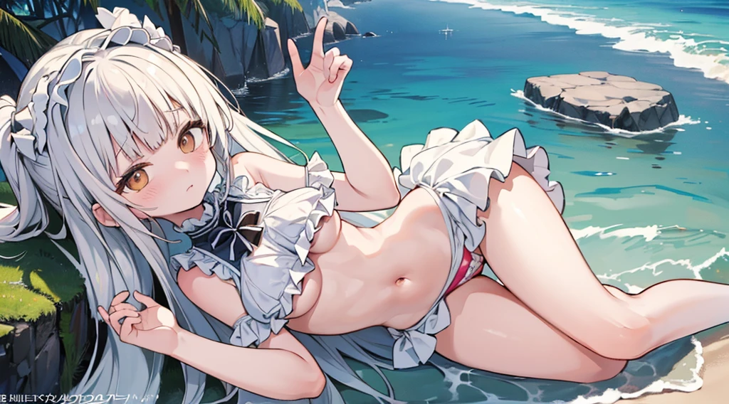 (supreme、top-quality、Final Resolution:2.0)、in 8K、((kawaii))、(((Bikini with white ruffles)))、Exposed skin a lot、(((Colossal tits)))、独奏、1人、beach side、((25-years old))、adult lady、flaxen hair、Long、A sexy、Ashamed、be shy、flaxen hair