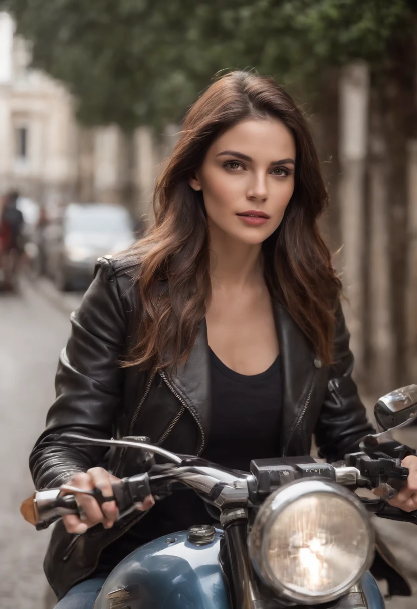 mulher loira cabelo motocicleta jaqueta de couro realista cidade