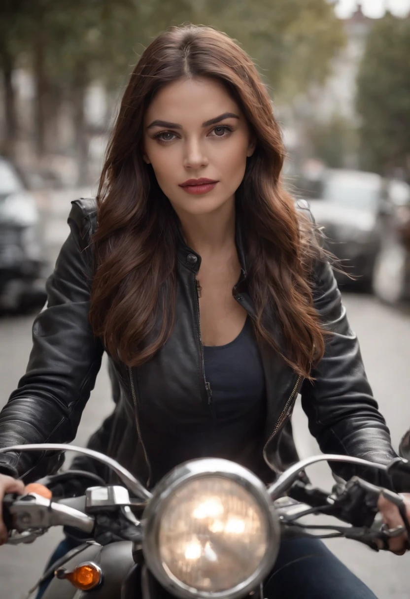 mulher loira cabelo motocicleta jaqueta de couro realista cidade