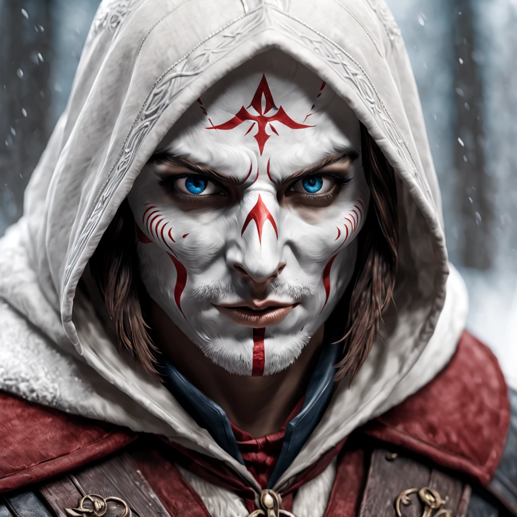 (Very Detailed CG，The ultra-realistic，rich in detail)，assassins creed，jour de neige，Manteau blanc，Masque facial complet，Exposez vos yeux，yeux rouges et bleus，hidden blade，Les éléments magiciques blacken et rouges sont partout