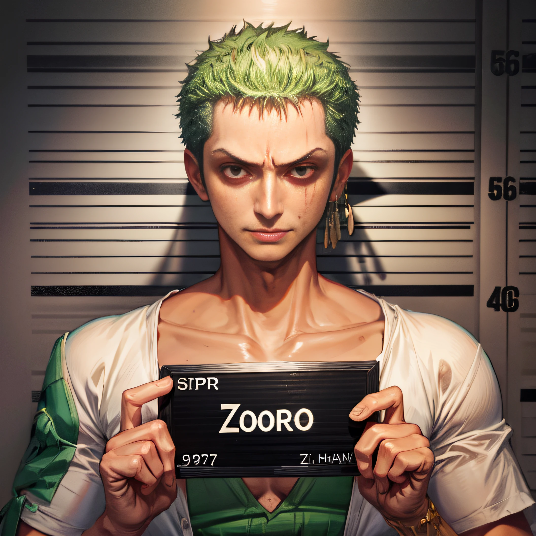 corpse, sinister, male, looking at the camera, ultra realistic, fully detailed, cemetery environment, bright eyes, white dress torn and stained with blood, bones exposed, putrid wounds, sensual, terrifying, bruised by the body, exposed fracture in the collarbone, slight smile, super detailed, white eyes,gun shots in the body, Zoro, Roronoa Zoro, Clear eyes,