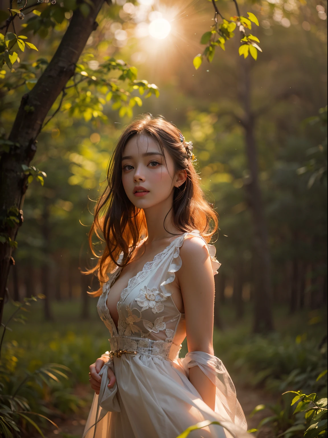 bloom, (lens flare), (8k, RAW, professional, best quality, masterpiece:1.2), (realistic,photorealistic:1.37), ultra-detailed, (24mm portrait wide angle), (anamorphic lens), ((long exposure)), (highest detailed skin:1.2), (highest detailed face:1.2), cinematic lighting, 1girl, (windy), standing on the forest, mist, sunset, warm white light, look at the camera, cowboy shot