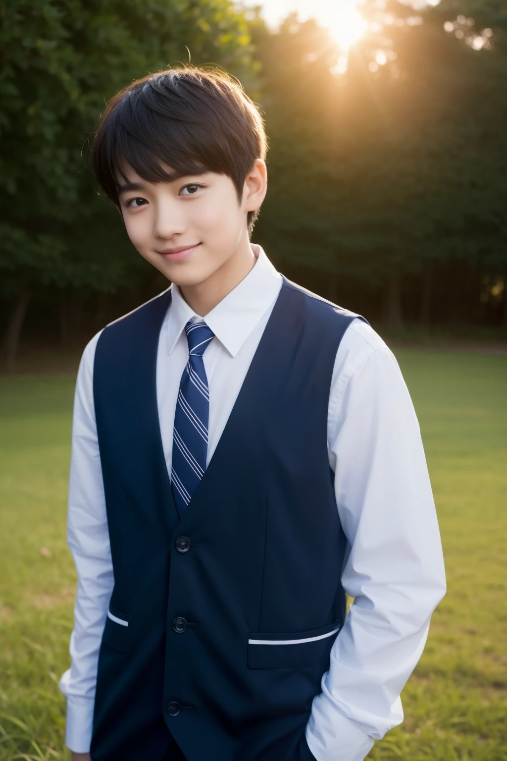 1 boy、校服、A slight smil、School route、Schools、Looking into the distance、Full body portrait、(Photorealsitic:1.4)、High school students、Japan Boys、A dark-haired、The upper part of the body、a cool、An ultra-high picture quality、top-quality、​masterpiece、18year old、the setting sun、Sunlight
