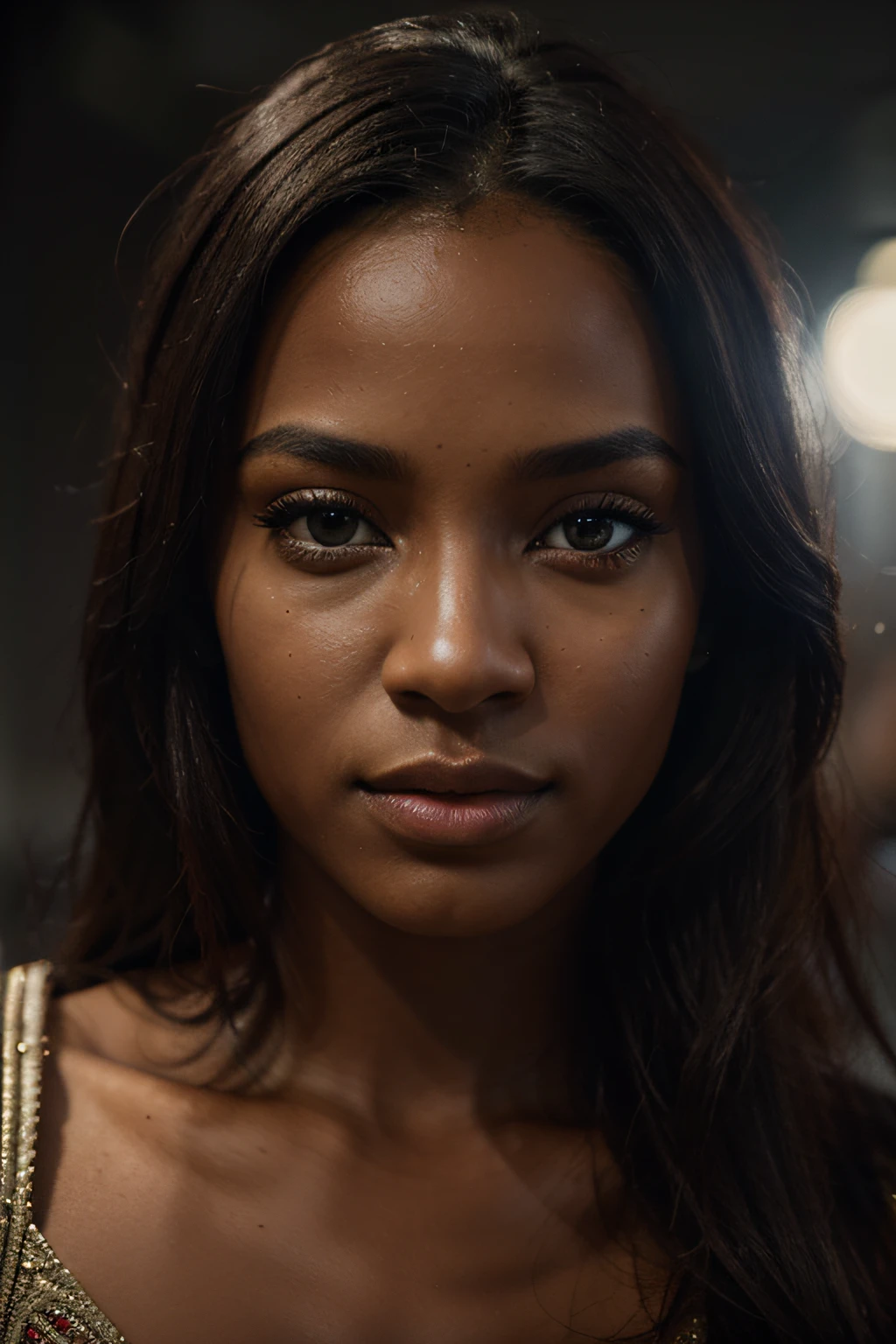 A woman with black peau, 24 ans, yeux vert, visage attrayant, luz, lighting cinematic. photographie, Realistic symmetrical face detailed, cheveux noir. Nikon D850 Photographie, Kodak Portra 400 F1 Camera Lens.6, Extremely detailed, orgie incroyable, Planifier le portrait. finedetail, Hyper realistic texture, dramatic lighting, High quality, Full resolution, mise au point nette, Extremely detailed, lighting cinematic, 8K UHD.