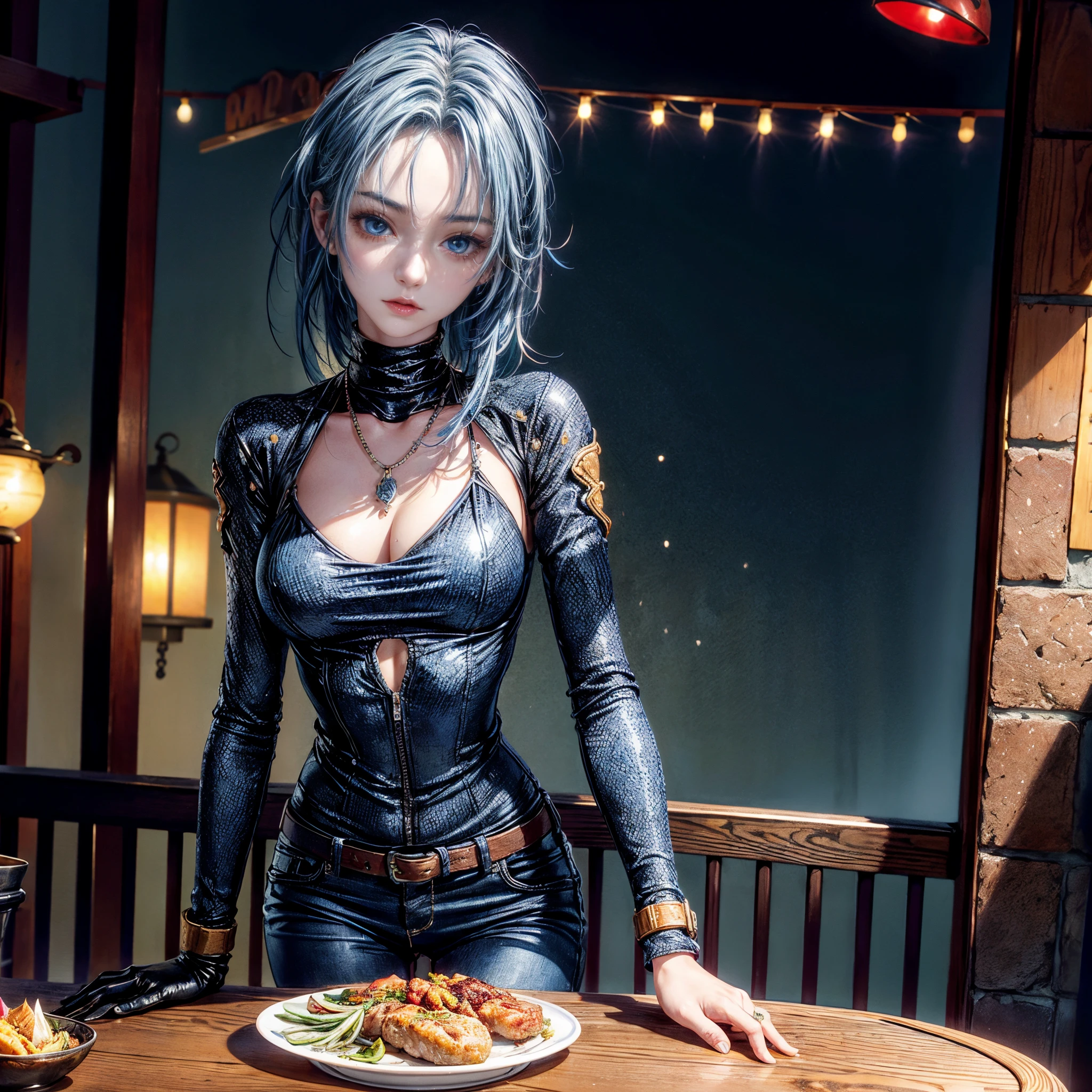 Cinematic lighting、16k picture quality、highlydetailed skin、masutepiece,(1girl in, Solo)、Best Quality,cyberpunked,(1beautiful woman、Detailed beautiful facial features、Medium Hair、Blue hair、blue eyess:1.3)Rosary Necklace、(Neck exposure:1.5)
BREAK is a knit turtleneck top, shiny leather gloves、Denim wide pants minimal accessories, Like a watch or a trench coat,Hands on the table BREAK（natta、restaurant terrace、Meat dishes:1.4）Terrace seating、meat dishes on the table、fried chicken