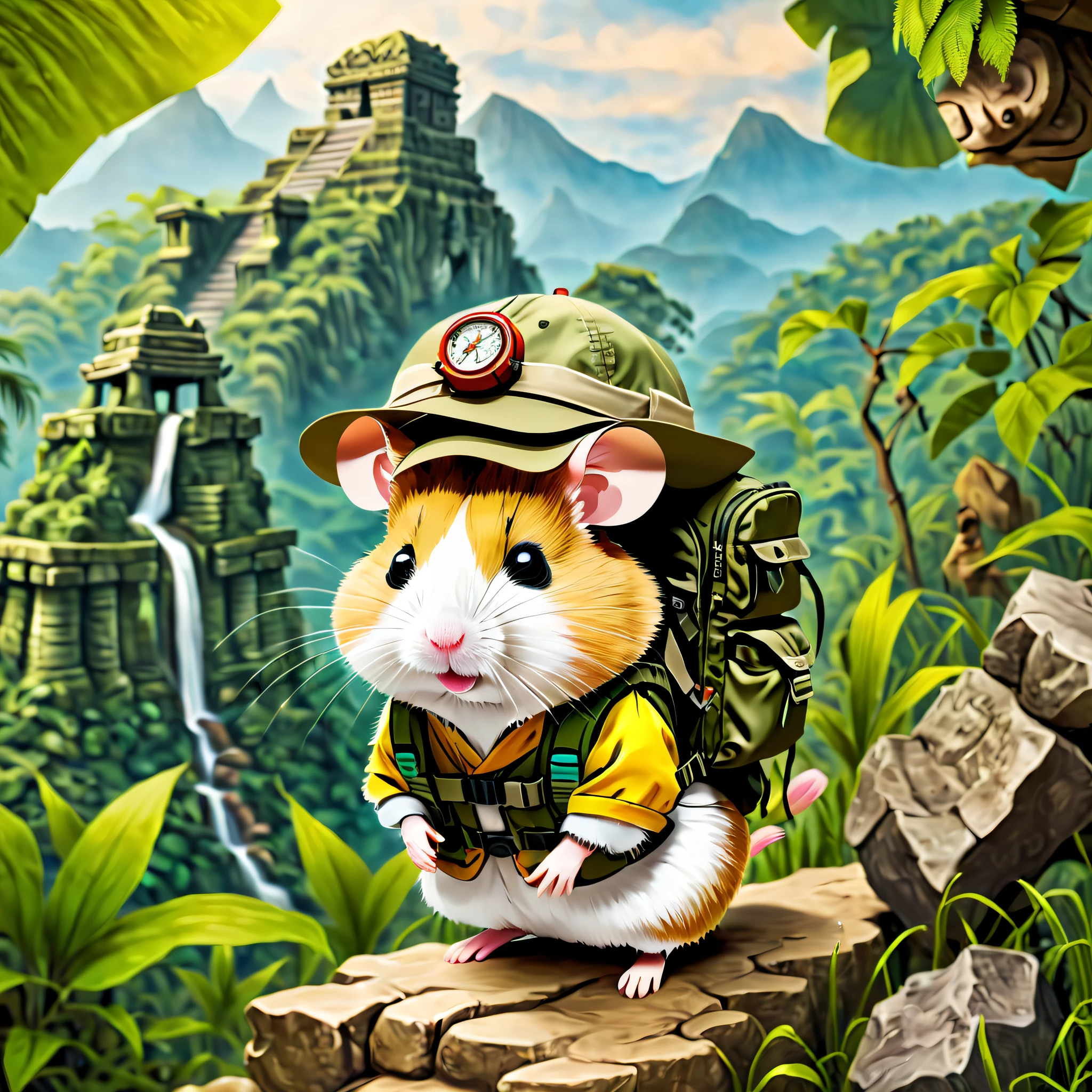 (1 cute hamster adventurer,Hamster Adventurer wears lightweight yet hard-wearing adventure clothing。Camouflage color adventure vest,Ample pockets for storing gadgets and food。Wearing an adventure hat,There is a string tied to the chin of the hat,Hamster adventurer carrying a small backpack,A rope tied to the backpack。A backpack filled with essential adventure tools,like a little compass,Bring a small hiking pole),(((Hamster Adventurer Mountain Climbing,Mayan temple))),(((The background is a primeval jungle))),(Anatomically correct, tmasterpiece, Acura, Award-Awarded, Best quality)