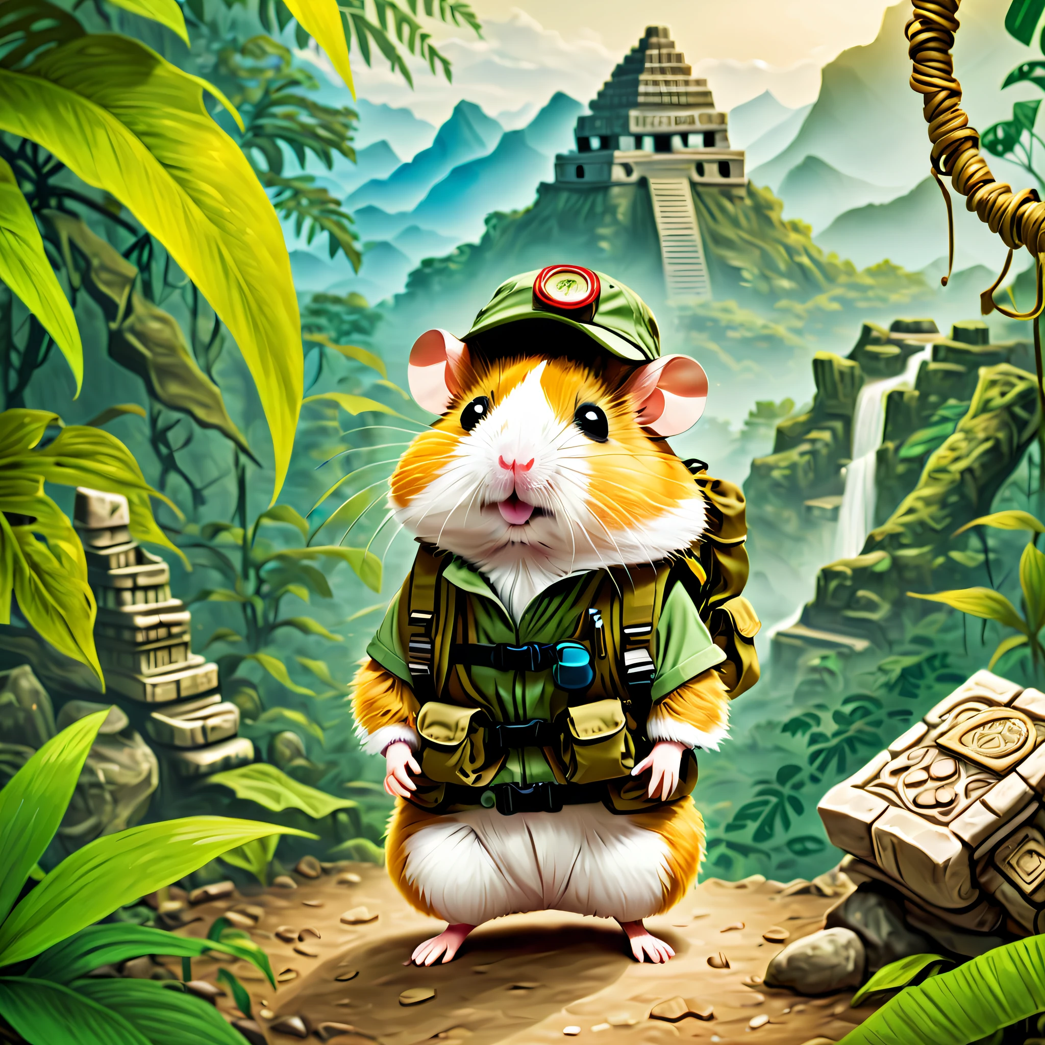 (1 cute hamster adventurer,Hamster Adventurer wears lightweight yet hard-wearing adventure clothing。Camouflage color adventure vest,Ample pockets for storing gadgets and food。Wearing an adventure hat,There is a string tied to the chin of the hat,Hamster adventurer carrying a small backpack,A rope tied to the backpack。A backpack filled with essential adventure tools,like a little compass,Bring a small hiking pole),(((Hamster Adventurer Mountain Climbing,Mayan temple))),(((The background is a primeval jungle))),(Anatomically correct, tmasterpiece, Acura, Award-Awarded, Best quality)