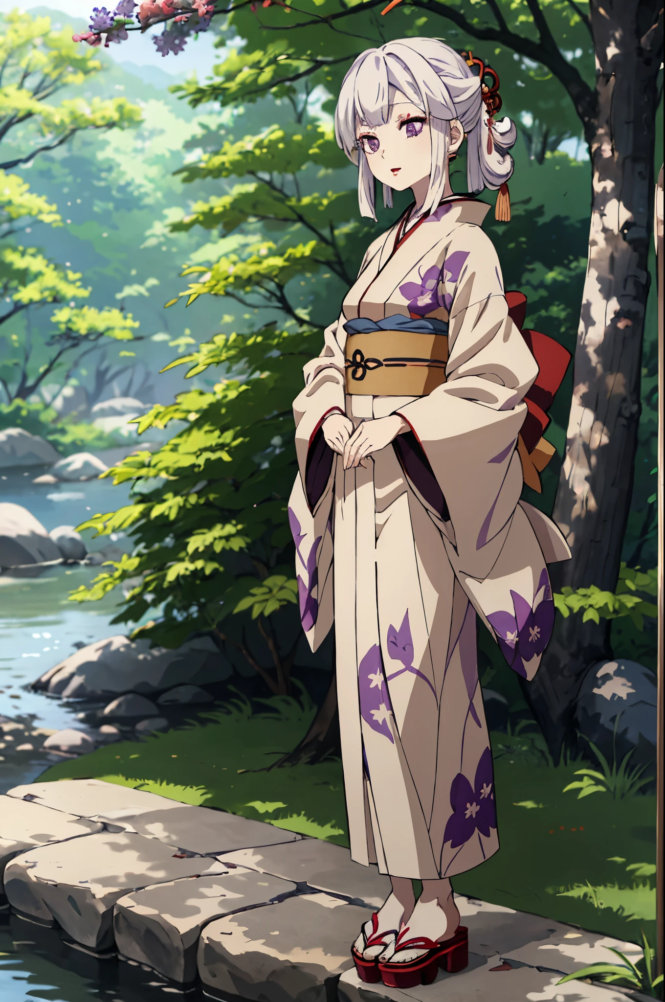 En plein air,woods,hiquality,masterpeace,Amane_Ubuyashiki, 1girl, 独奏,white colored hair,kimono,makeup, obi, Sandals, red-lips, long sleeves, wide sleeves, beige kimono, violet eyes,asymmetrical hair