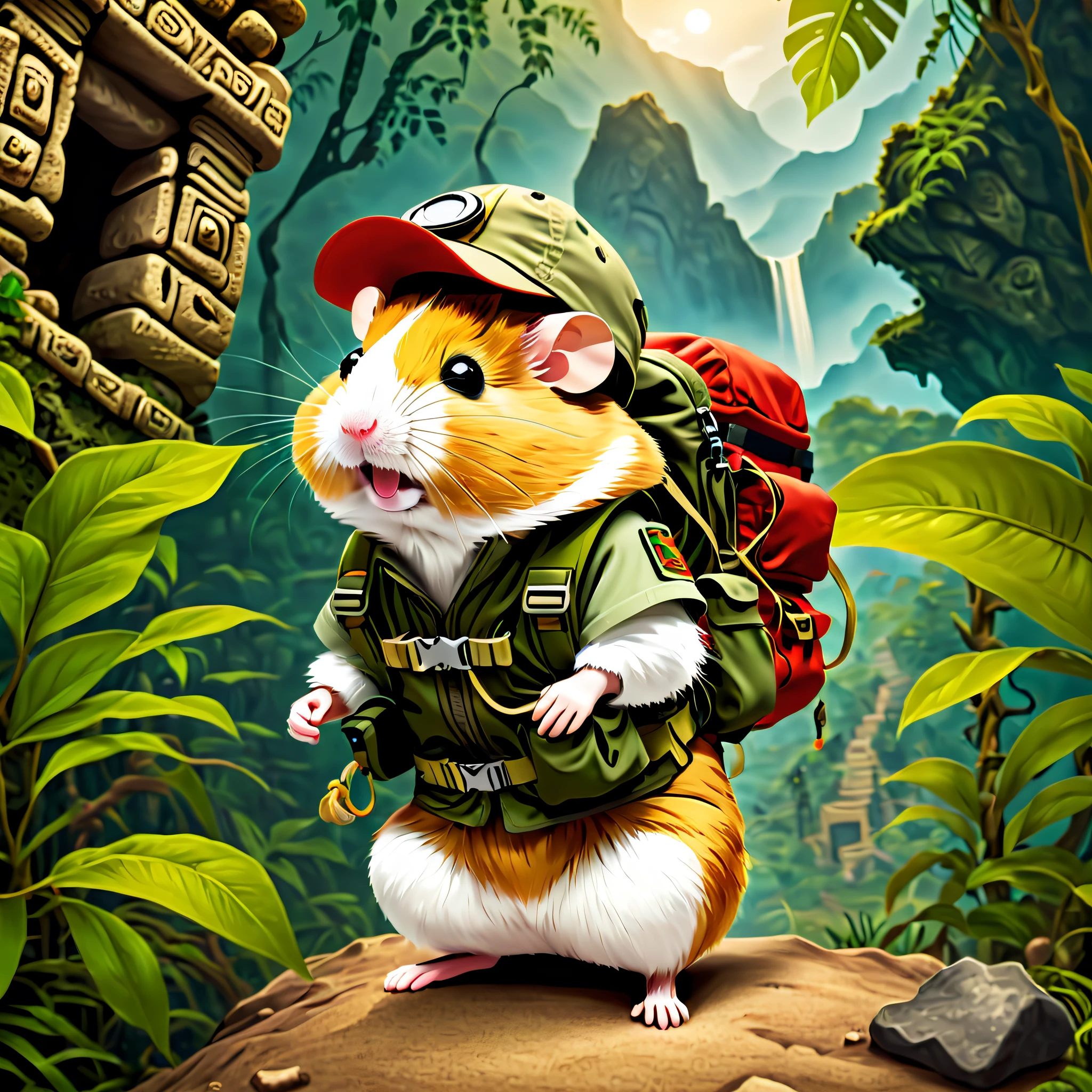 (1 cute hamster adventurer，Hamster Adventurer wears lightweight yet hard-wearing adventure clothing。Camouflage color adventure vest，Ample pockets for storing gadgets and food。Wearing an adventure hat，There is a string tied to the chin of the hat，Hamster adventurer carrying a small backpack，A rope tied to the backpack。A backpack filled with essential adventure tools，like a little compass，Bring a small hiking pole)，(((Hamster Adventurer Mountain Climbing，Mayan temple))），(((The background is a primeval jungle)))，(Anatomically correct, tmasterpiece, Acura, Award-Awarded, Best quality)